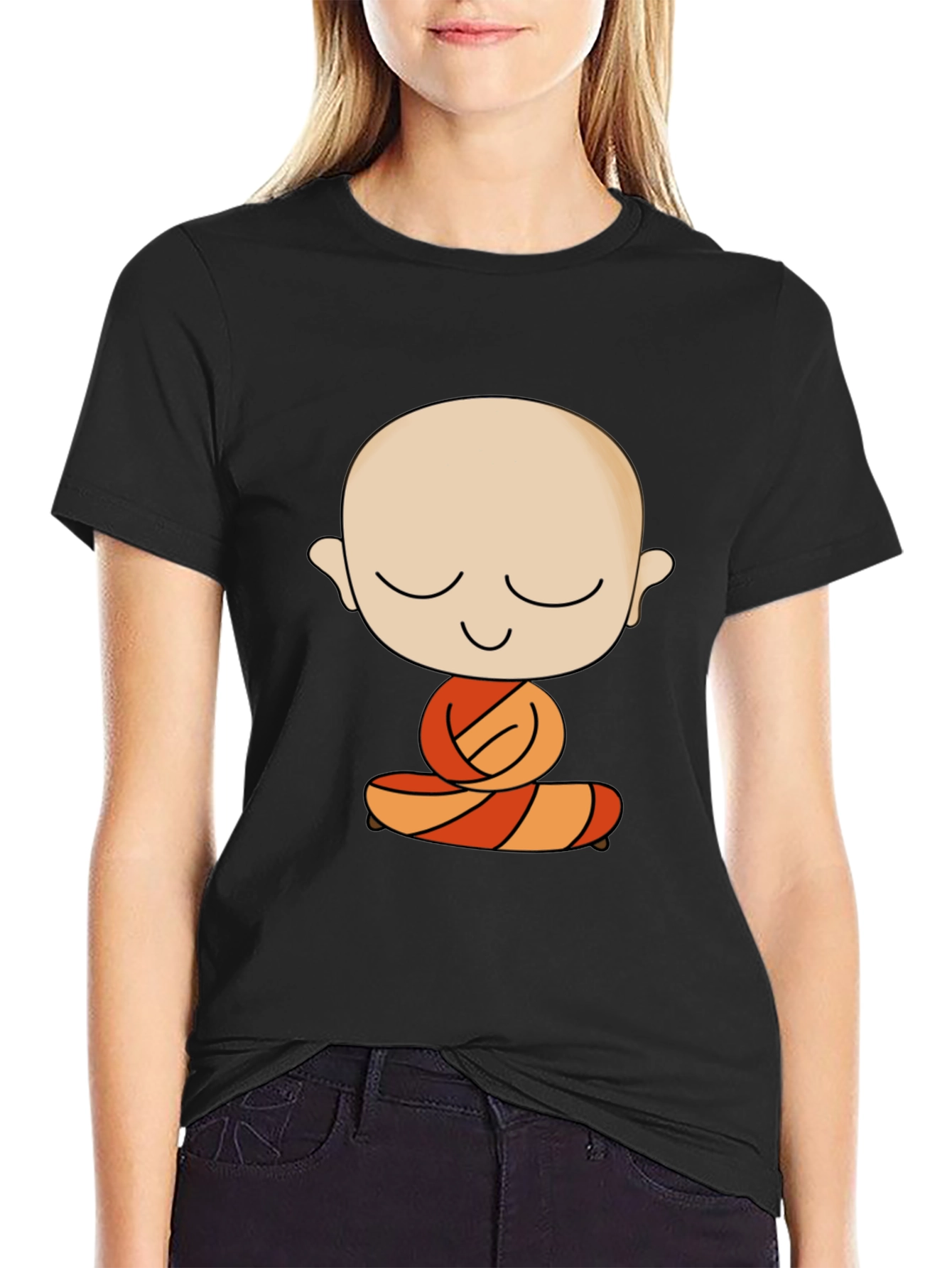 Meditating Monk Cartoon Black T-Shirt