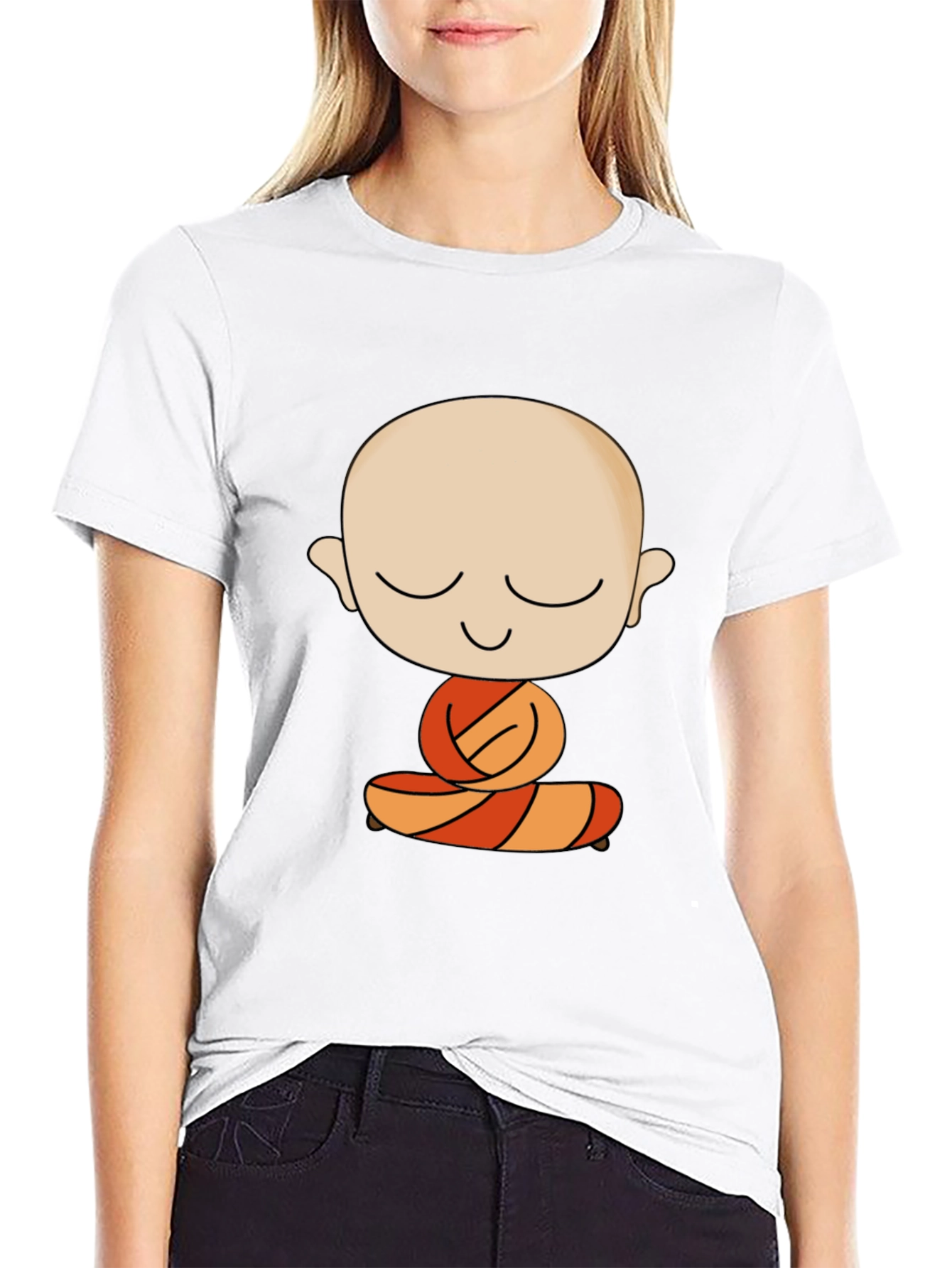 Meditating Monk Cartoon Black T-Shirt