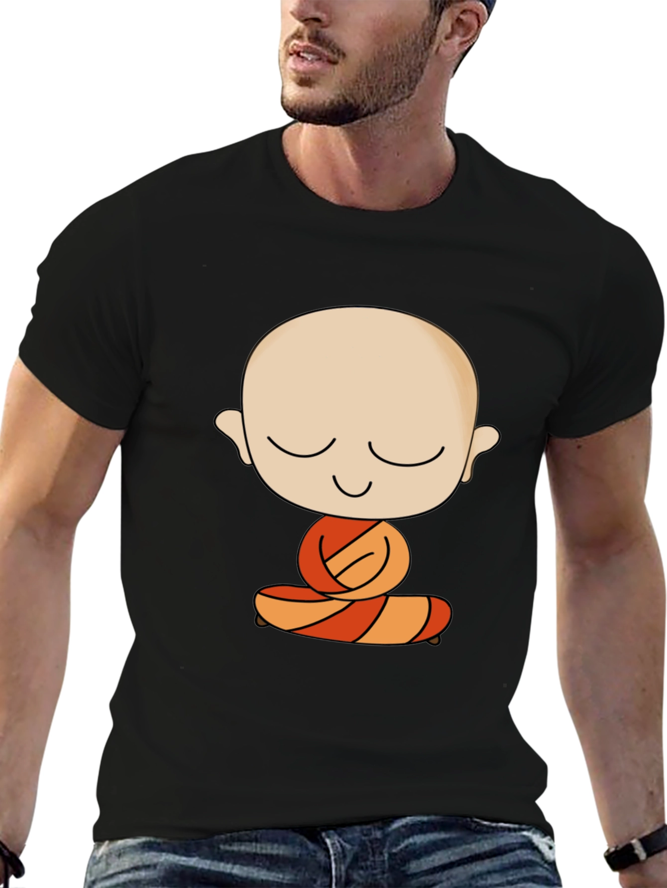 Meditating Monk Cartoon Black T-Shirt