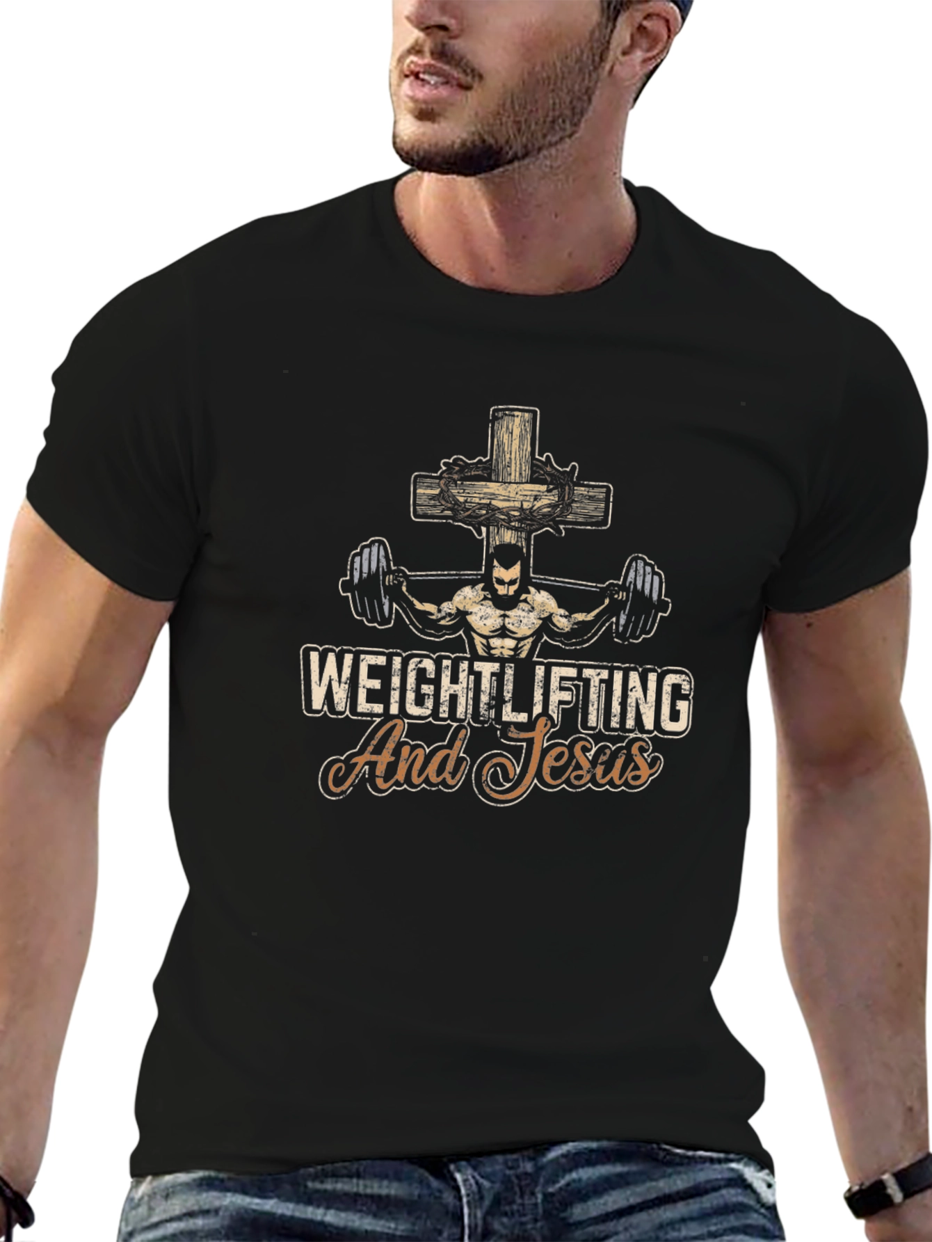 Weightlifting and Jesus T-Shirt - Black Cotton