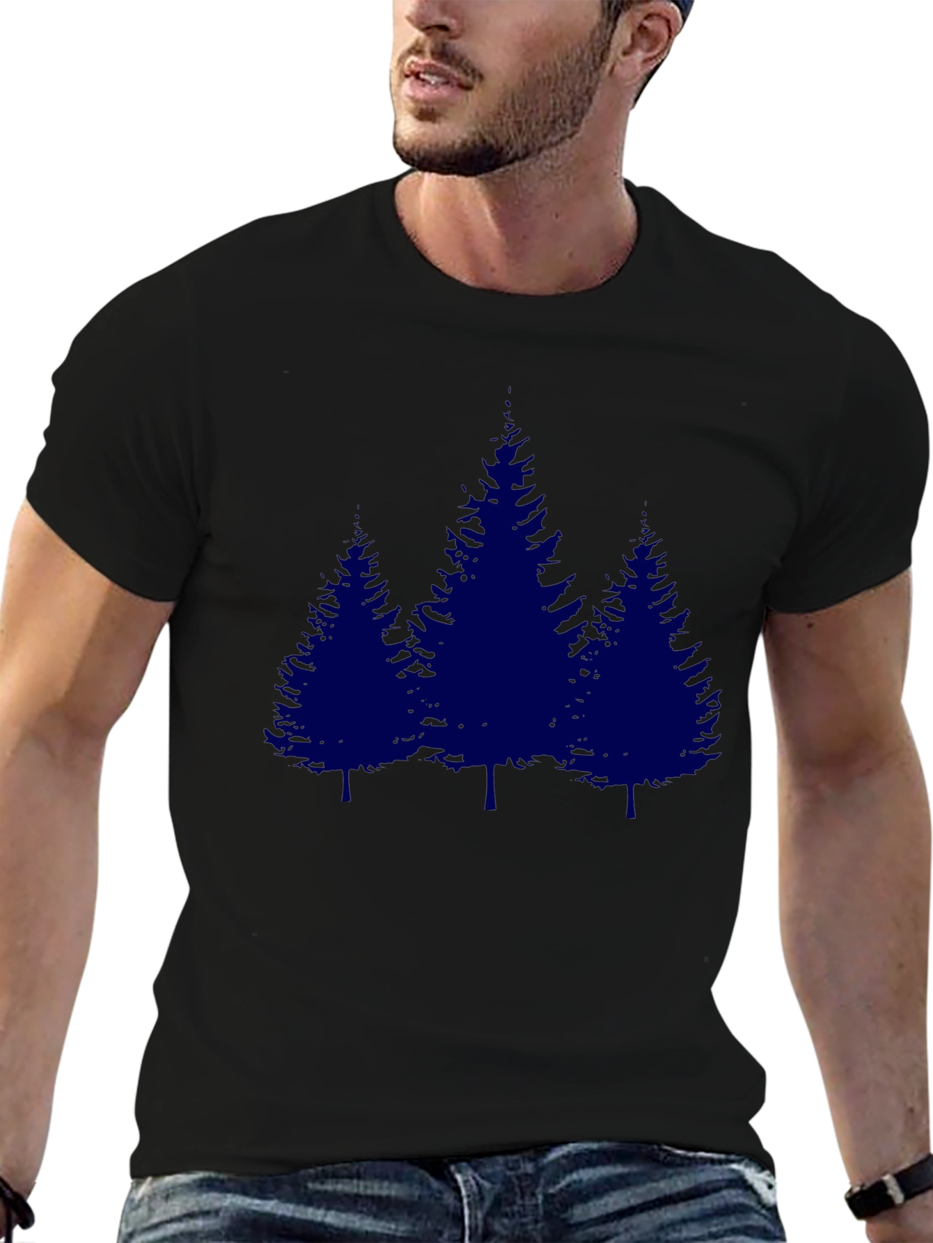 Mens Black T-shirt with Blue Pine Tree Graphic