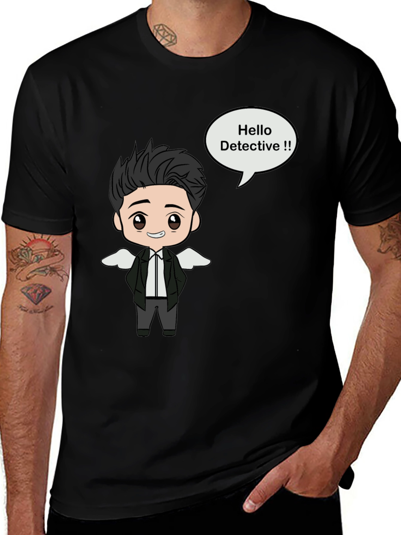 Detective Cartoon Graphic Black T-Shirt