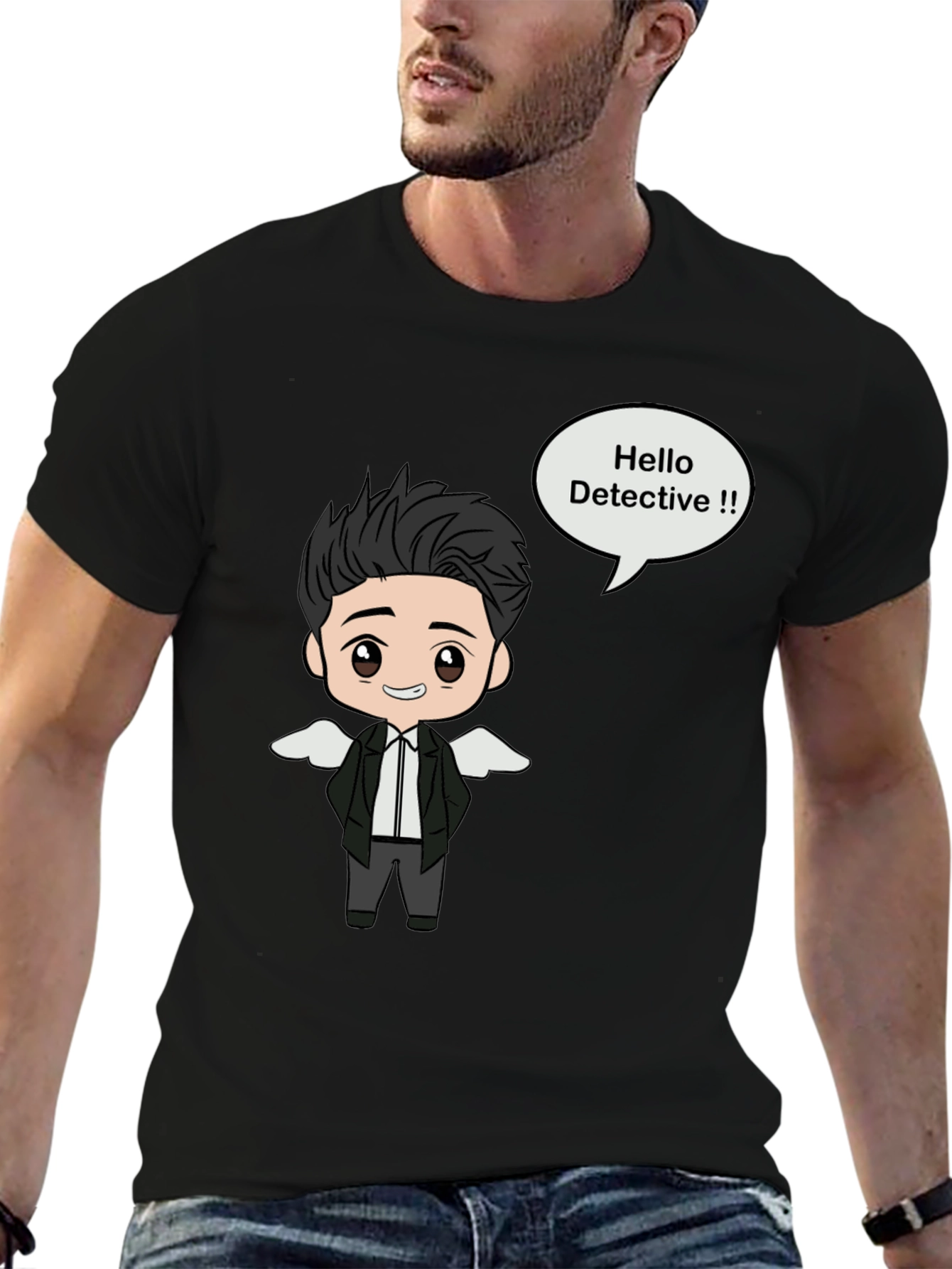 Detective Cartoon Graphic Black T-Shirt