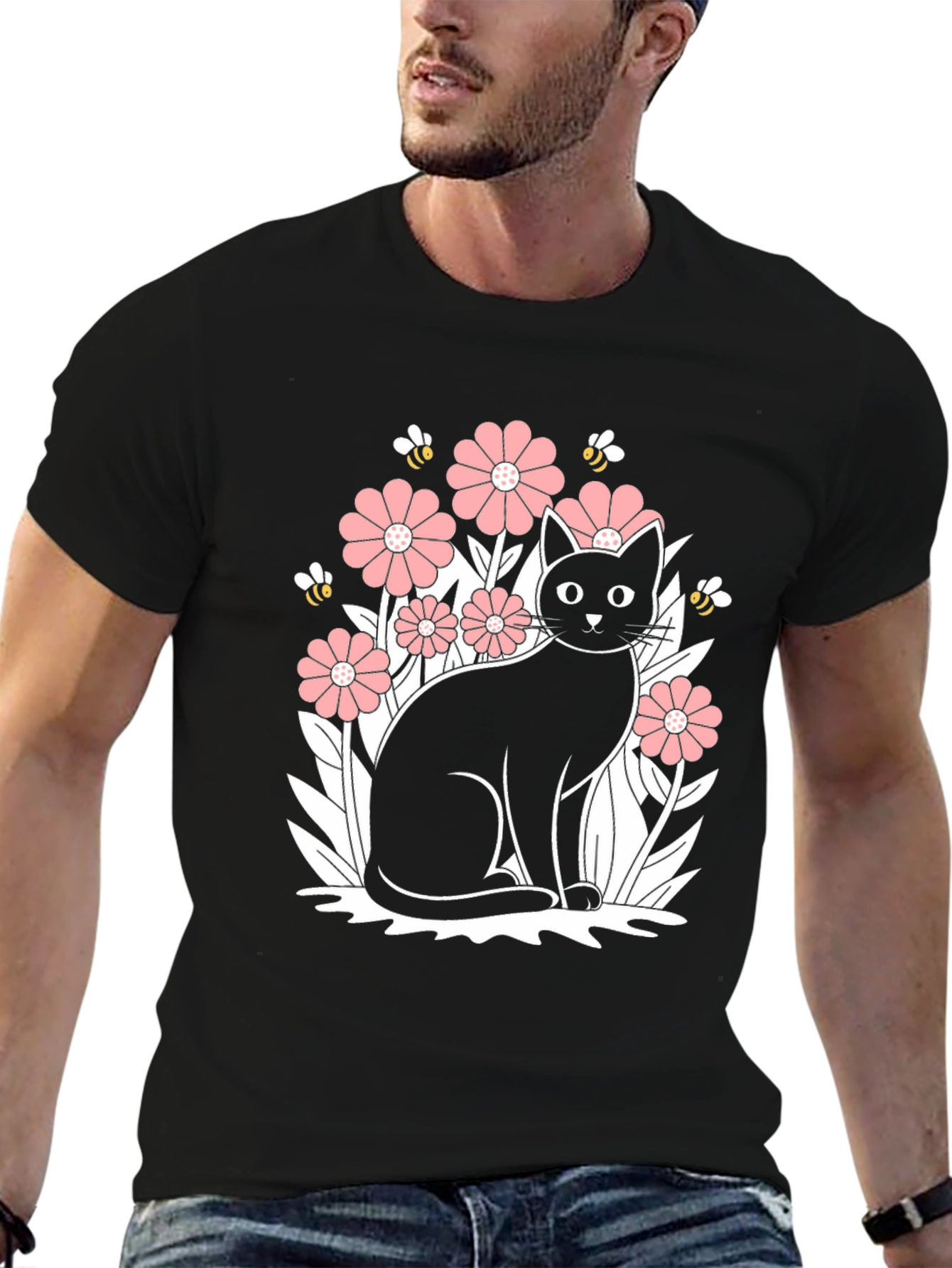 Black Cat Floral Graphic T-Shirt