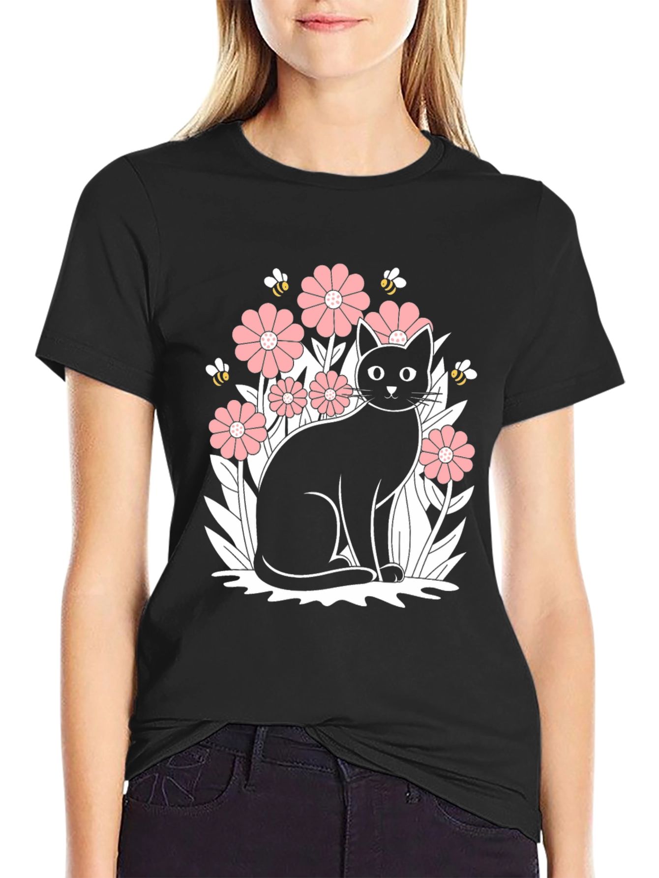 Black Cat Floral Graphic T-Shirt