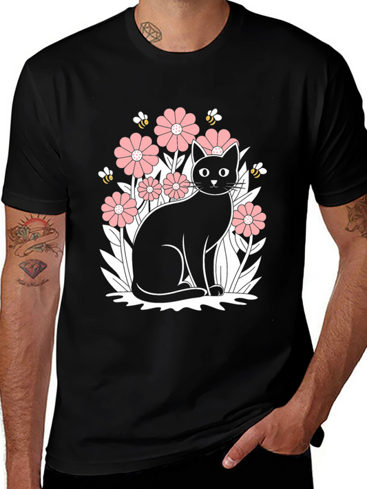 Black Cat Floral Graphic T-Shirt