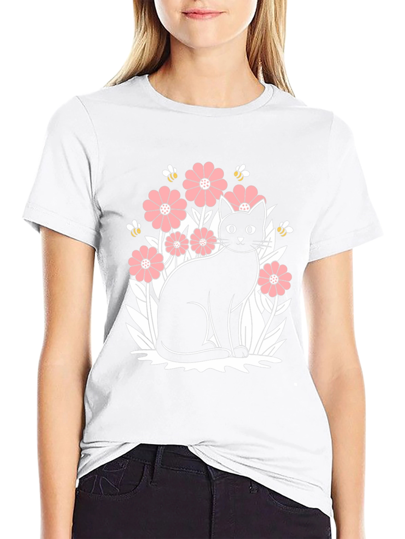 Black Cat Floral Graphic T-Shirt