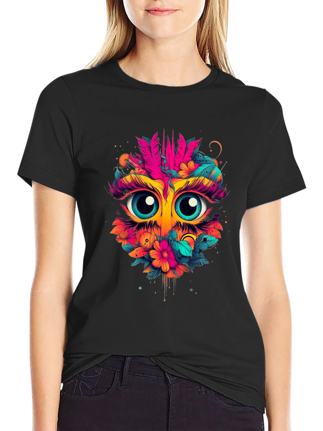 Eye-Catching Floral Owl Graphic Tee - Black