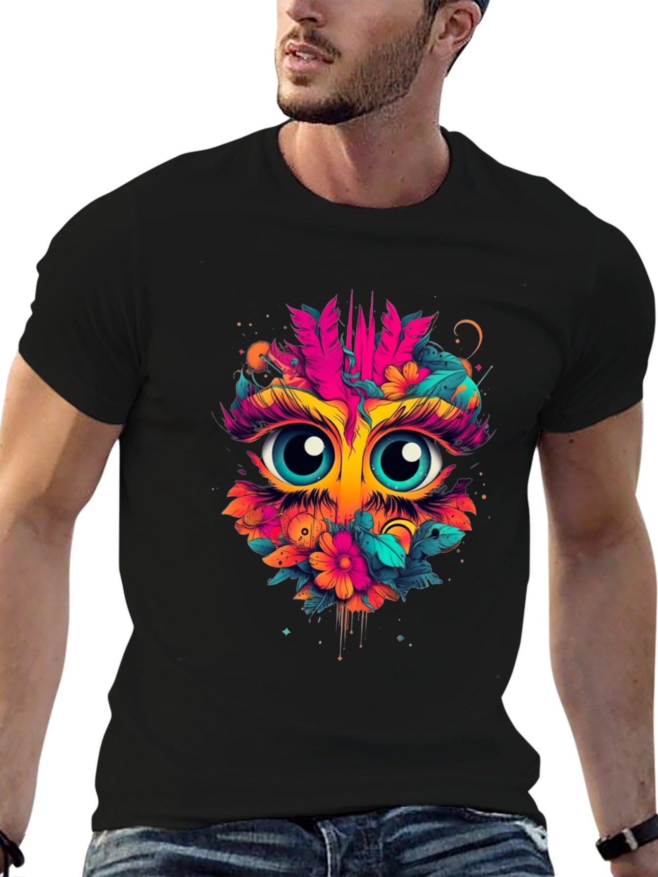 Eye-Catching Floral Owl Graphic Tee - Black