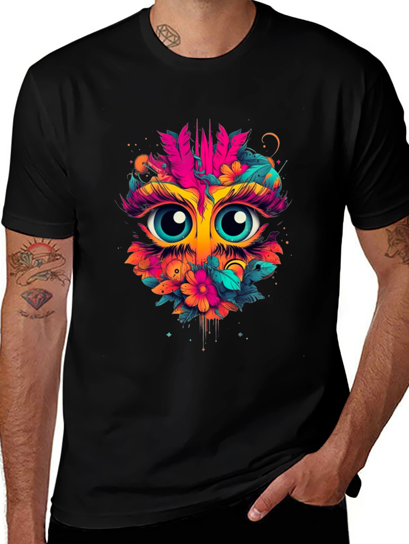 Eye-Catching Floral Owl Graphic Tee - Black