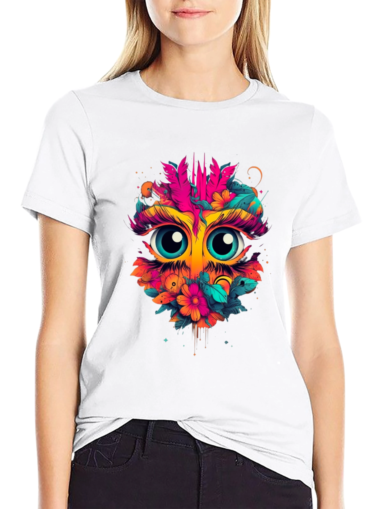 Eye-Catching Floral Owl Graphic Tee - Black