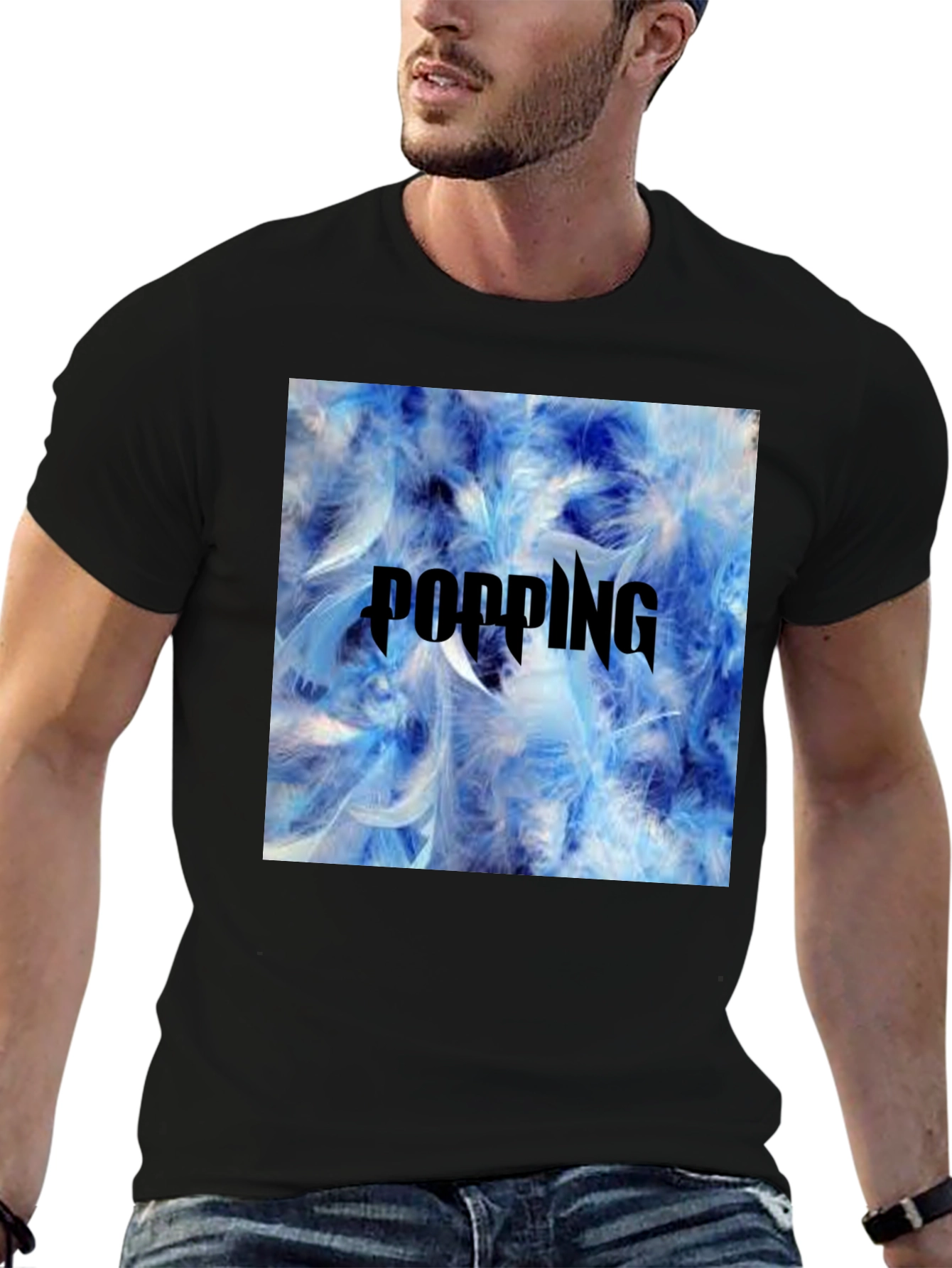 Popping Blue Feather Graphic T-Shirt - Mens Black Tee