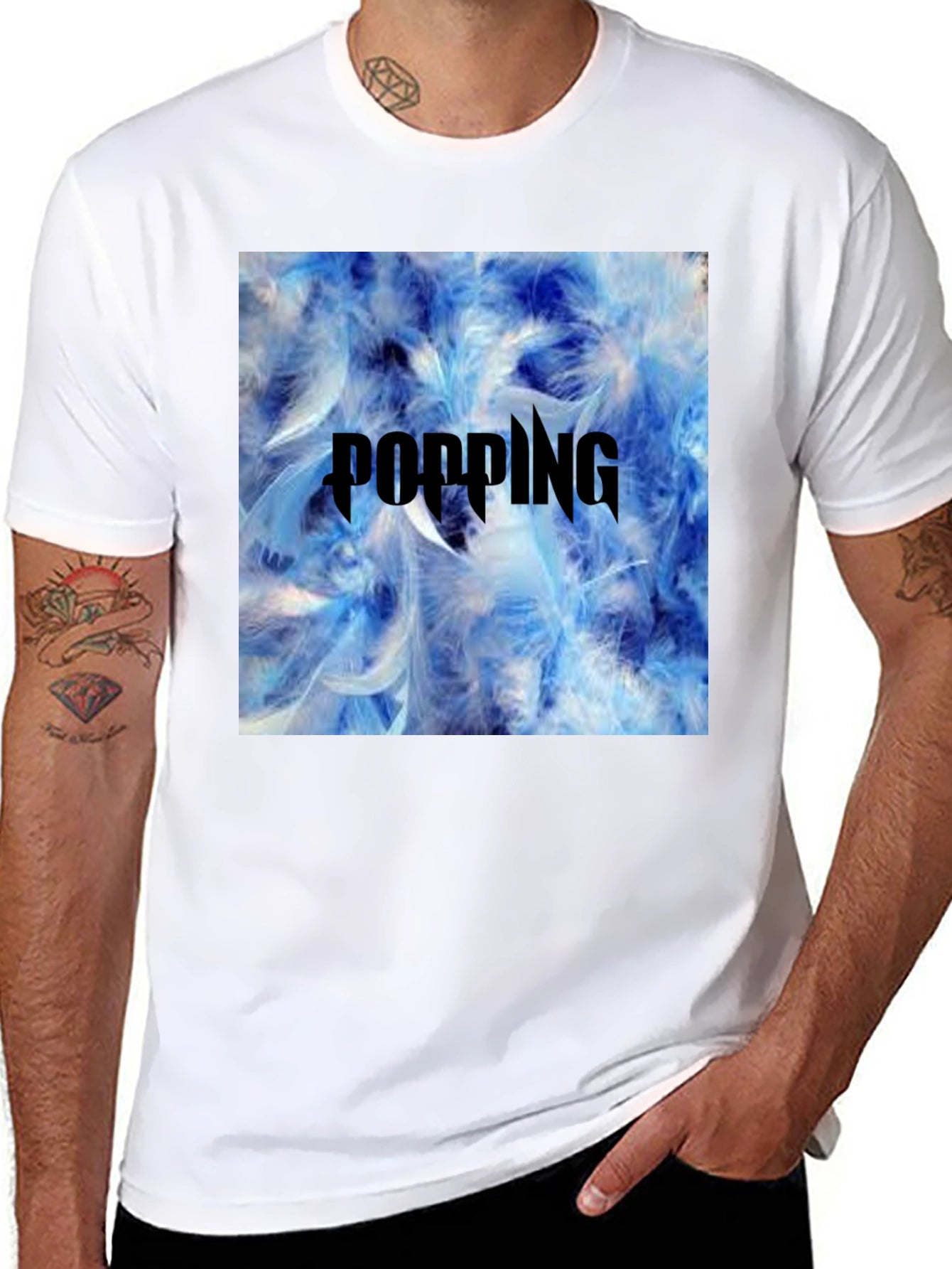 Popping Blue Feather Graphic T-Shirt - Mens Black Tee