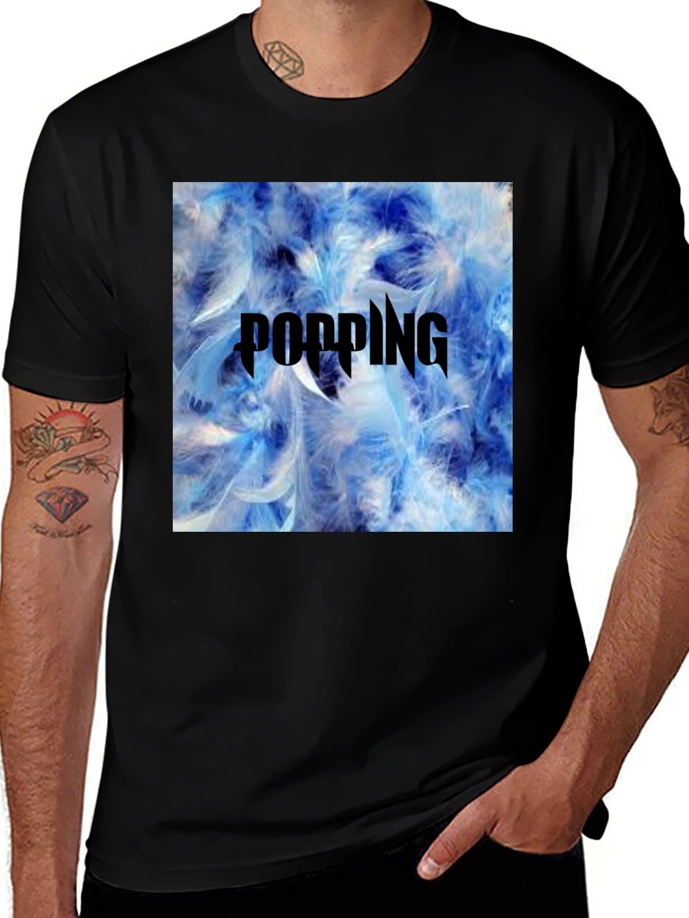 Popping Blue Feather Graphic T-Shirt - Mens Black Tee