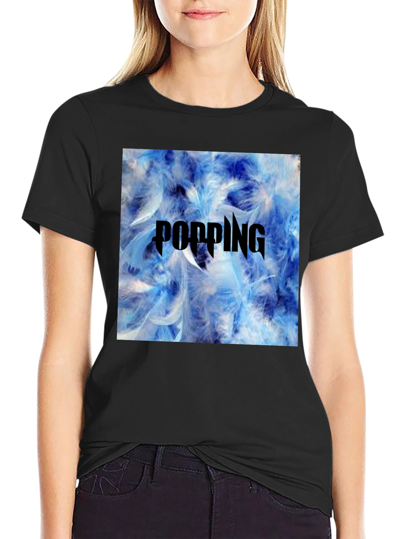 Popping Blue Feather Graphic T-Shirt - Mens Black Tee