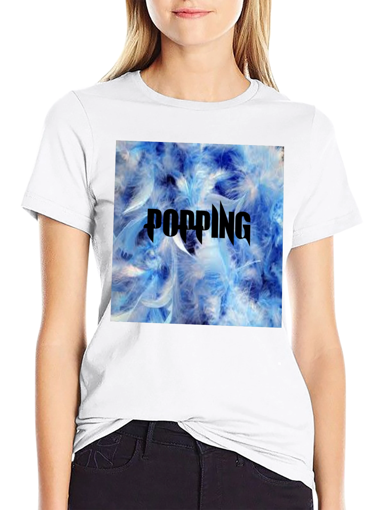 Popping Blue Feather Graphic T-Shirt - Mens Black Tee