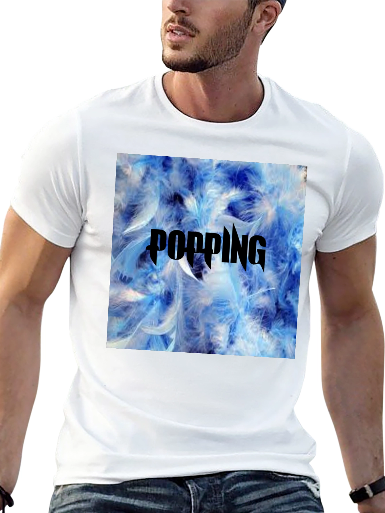 Popping Blue Feather Graphic T-Shirt - Mens Black Tee
