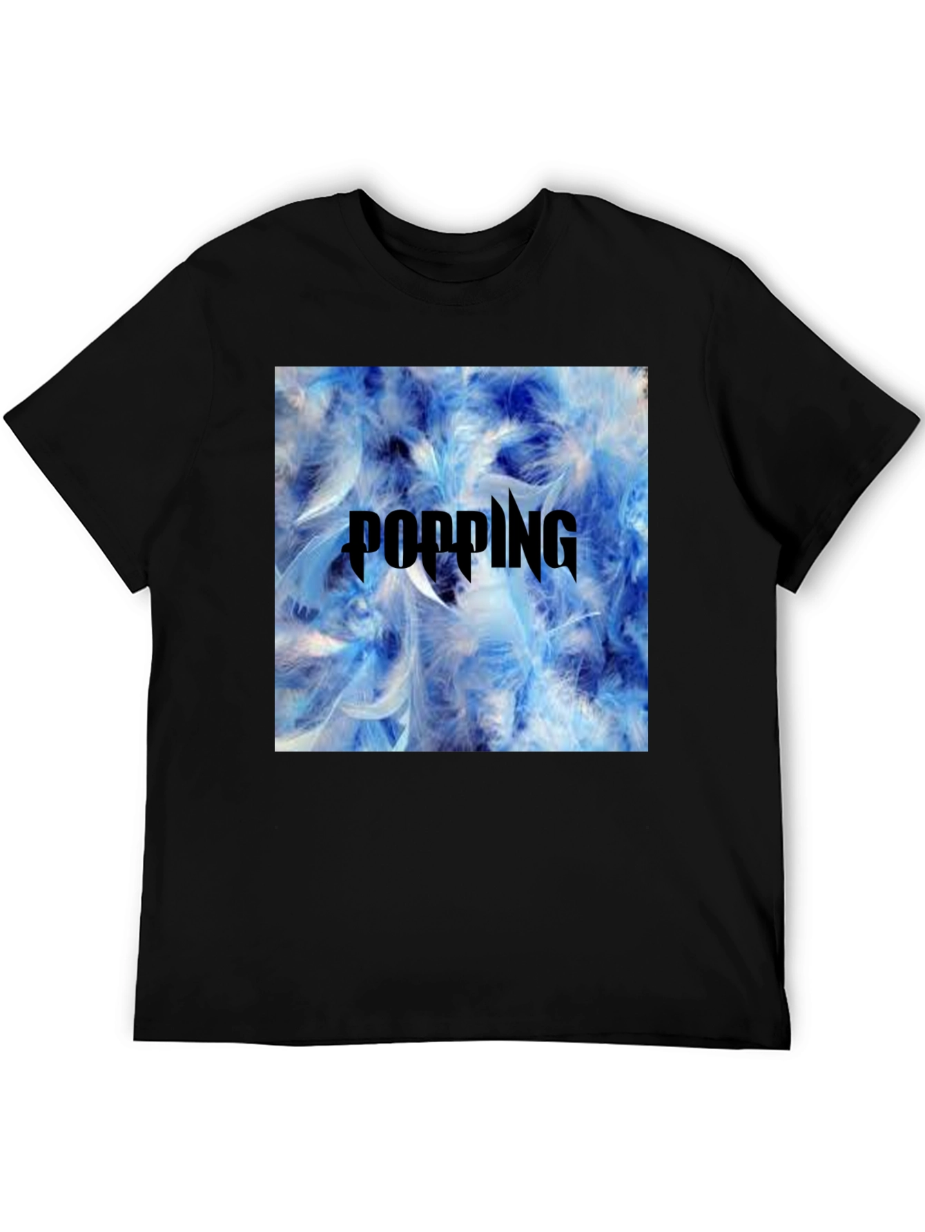 Popping Blue Feather Graphic T-Shirt - Mens Black Tee