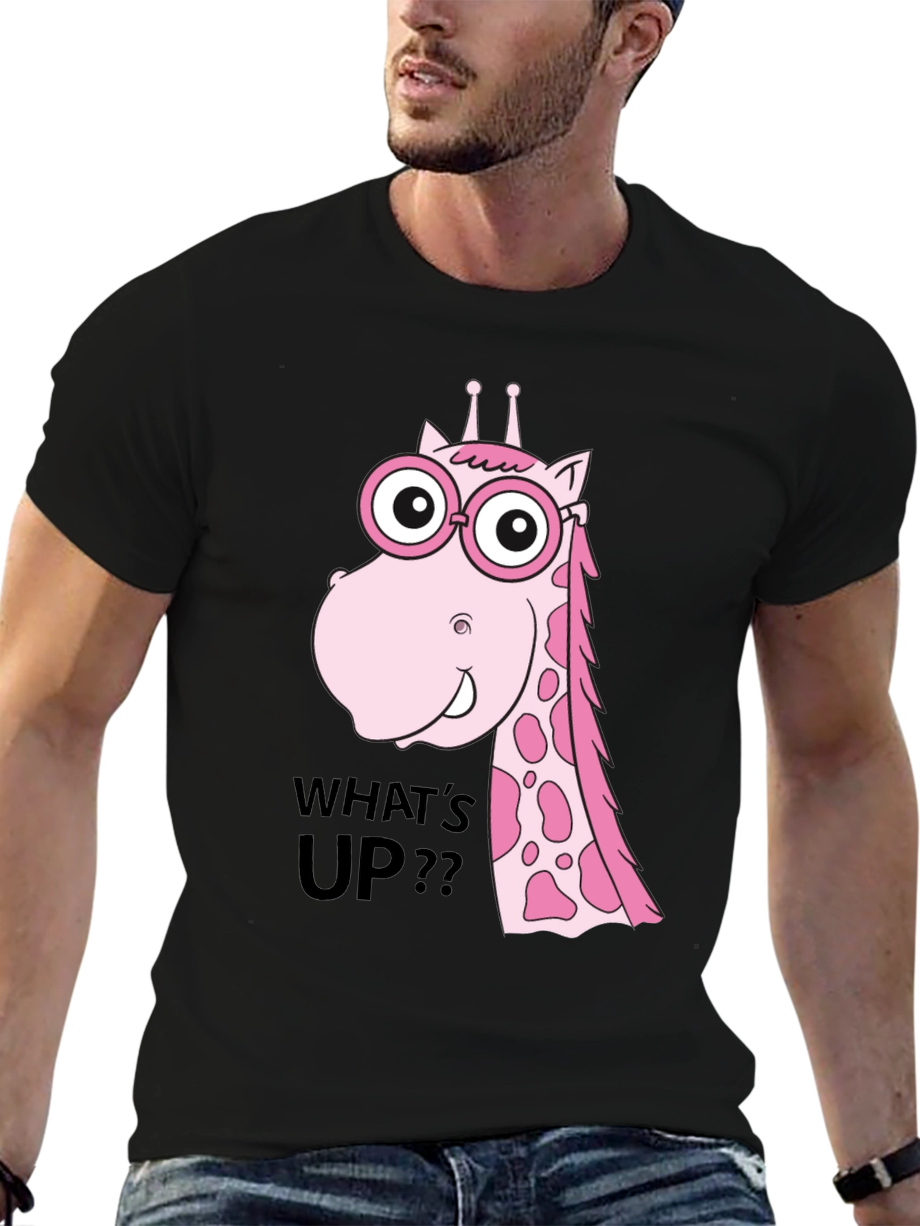 Funny Giraffe T-Shirt - Whats Up? Black Tee