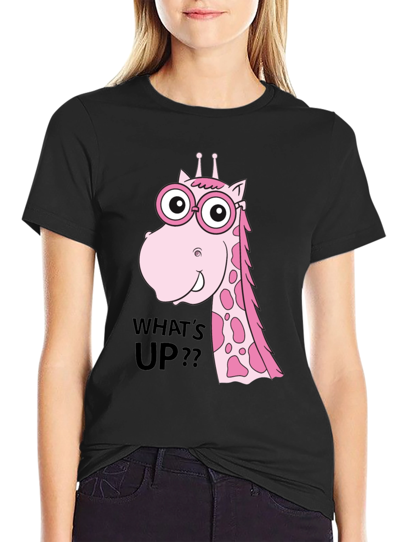 Funny Giraffe T-Shirt - Whats Up? Black Tee