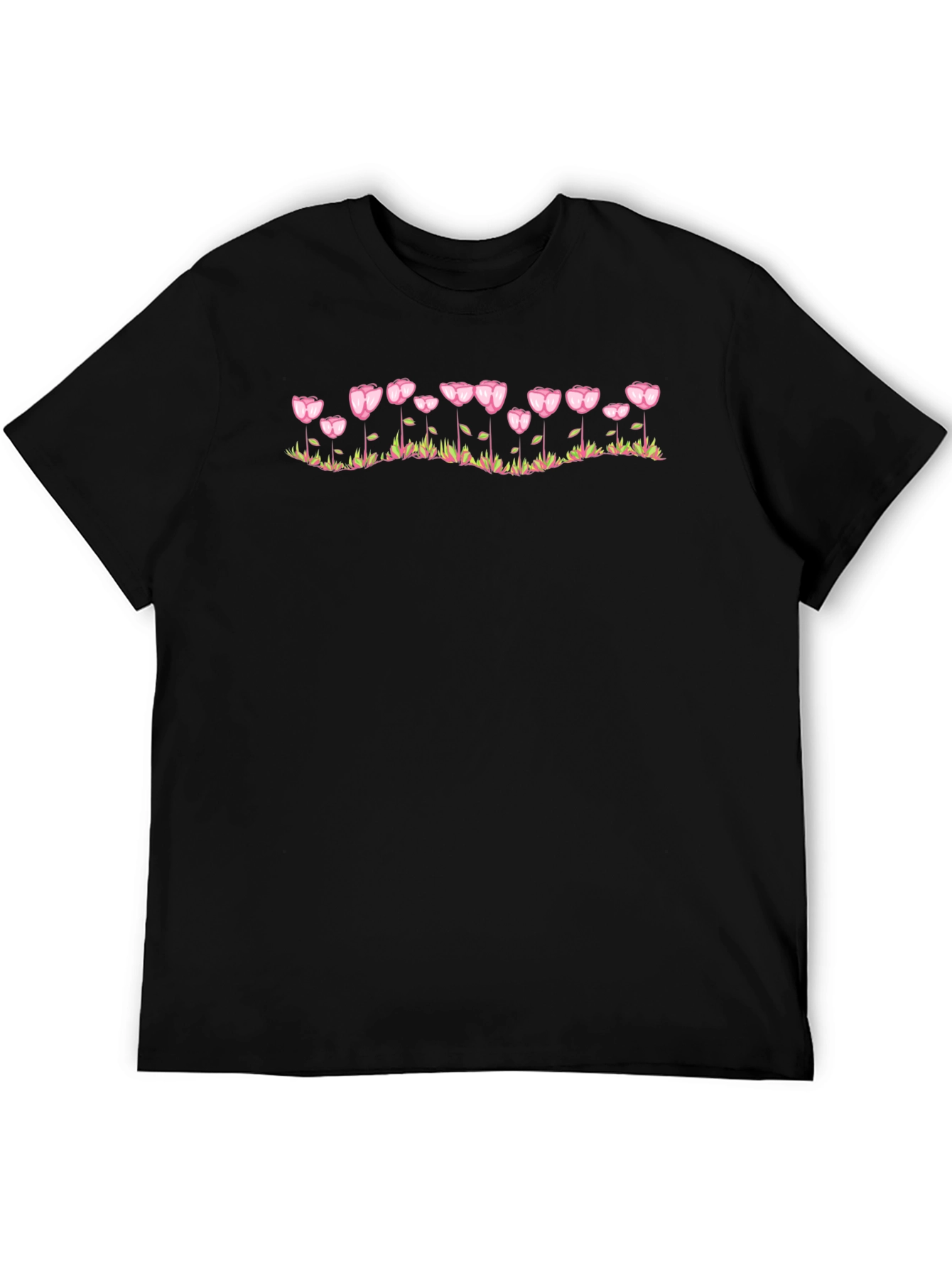 Floral Heart Tulip Graphic Black T-Shirt