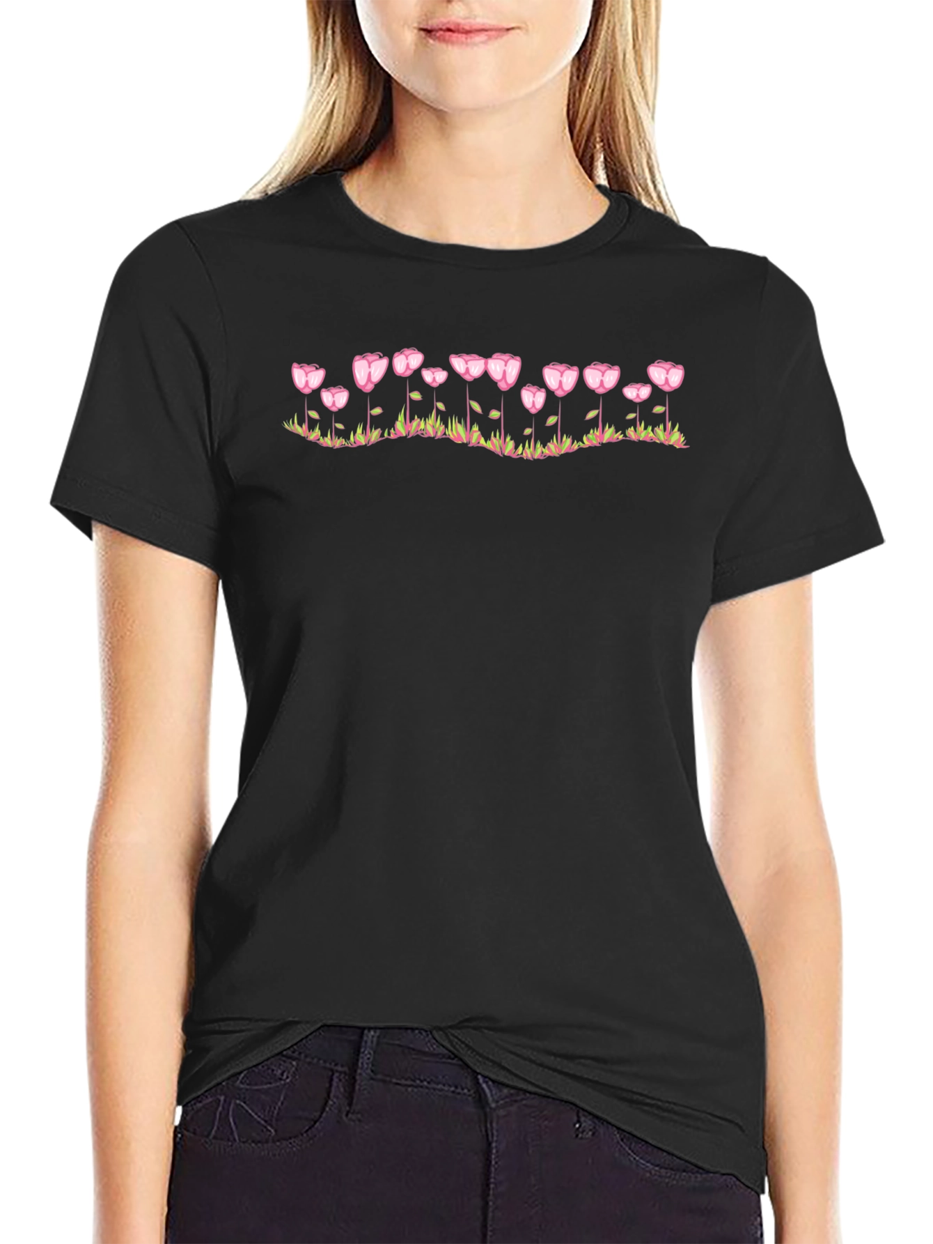 Floral Heart Tulip Graphic Black T-Shirt