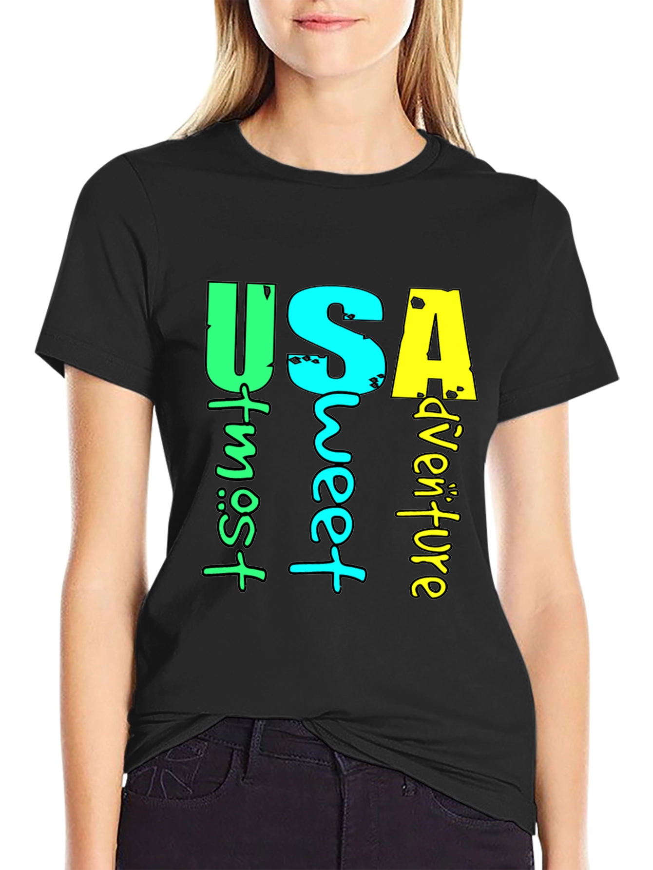 USA Adventure Graphic Print Black T-Shirt