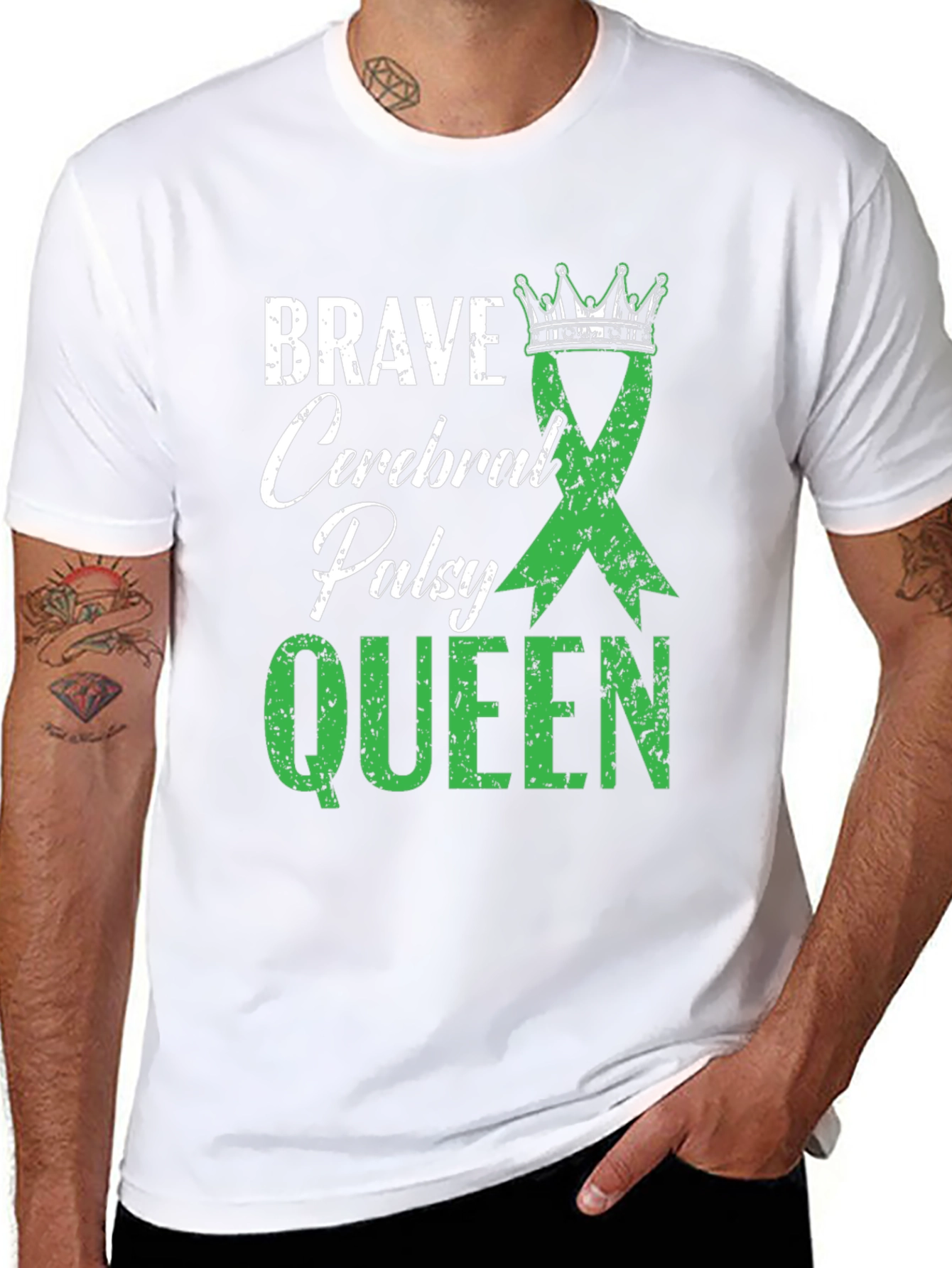 Brave Cerebral Palsy Queen T-Shirt - Green Ribbon Design