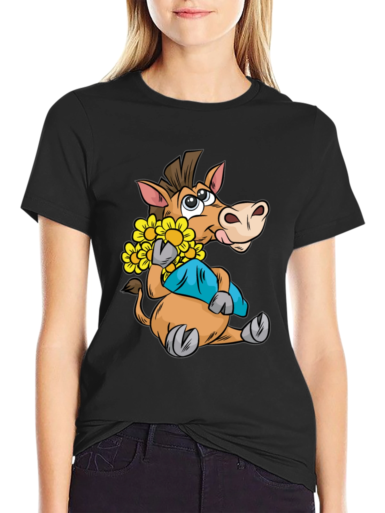 Cartoon Horse T-Shirt with Flowers