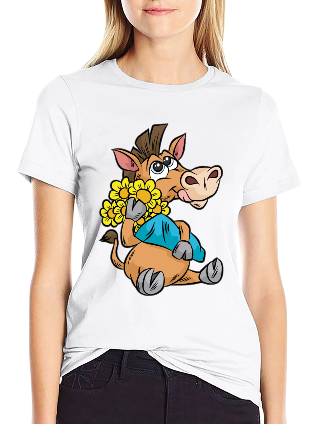 Cartoon Horse T-Shirt with Flowers