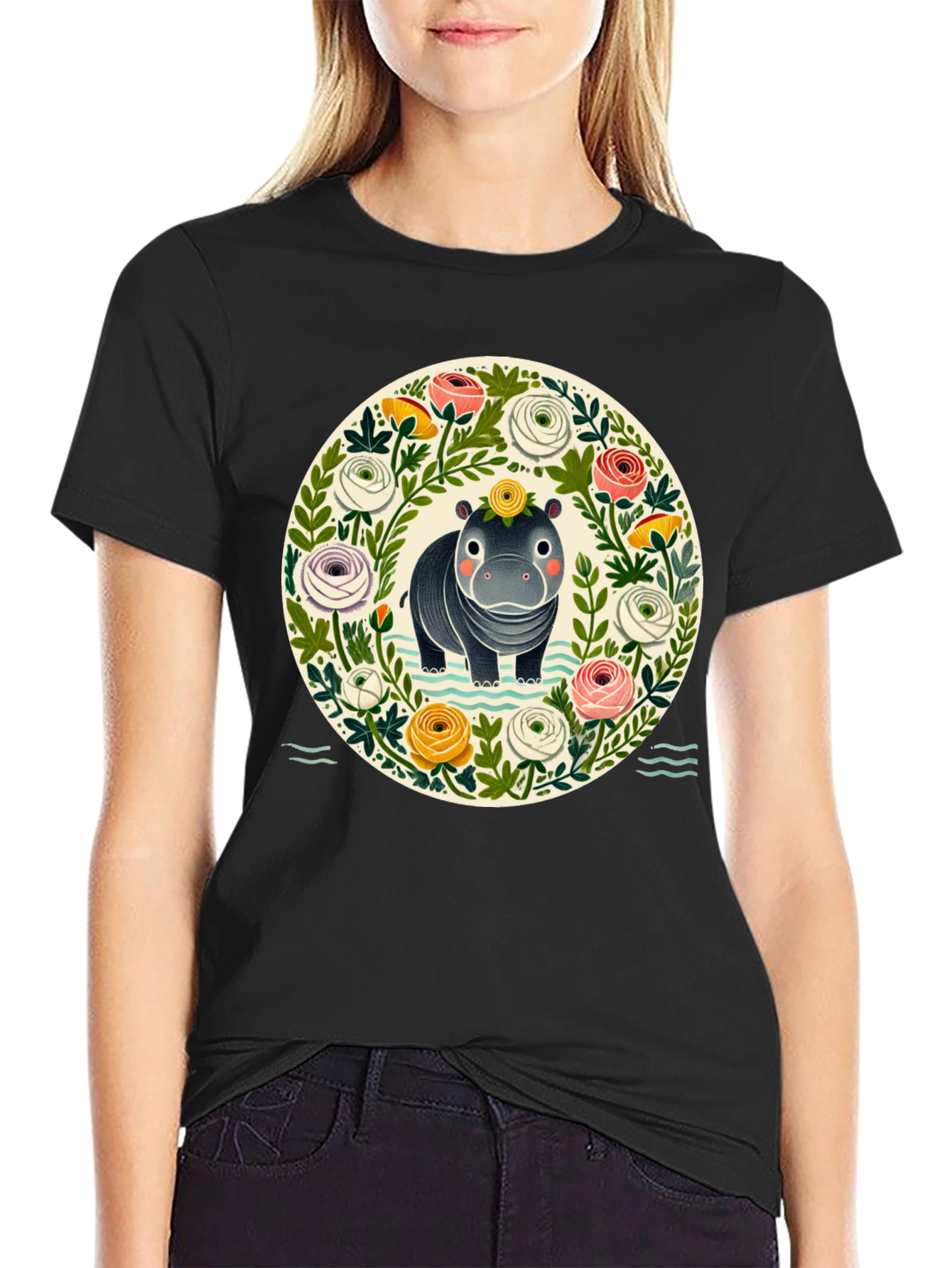 Floral Hippo Graphic Tee - Cute Animal Design