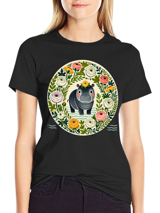 Floral Hippo Graphic Tee - Cute Animal Design