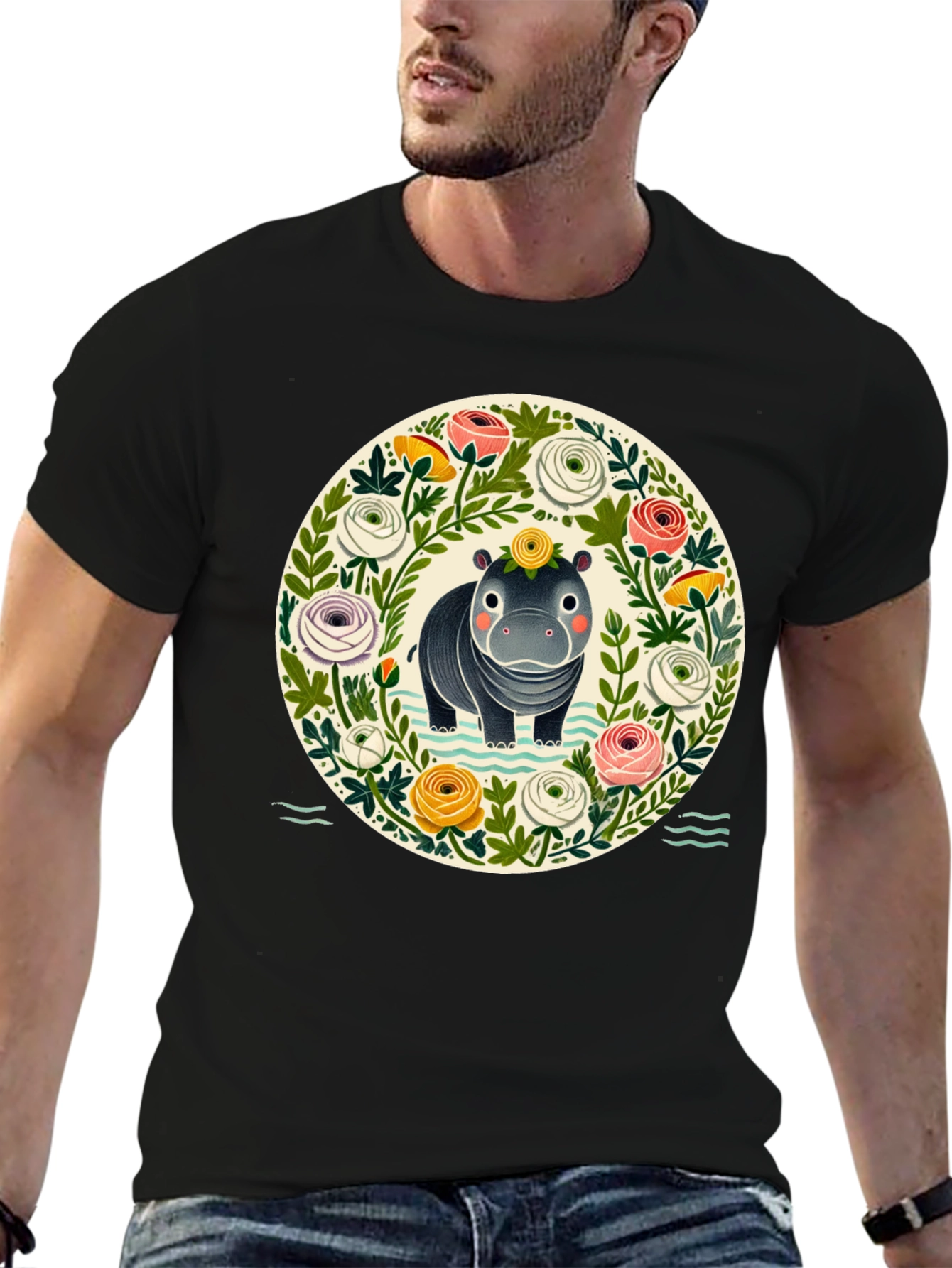 Floral Hippo Graphic Tee - Cute Animal Design