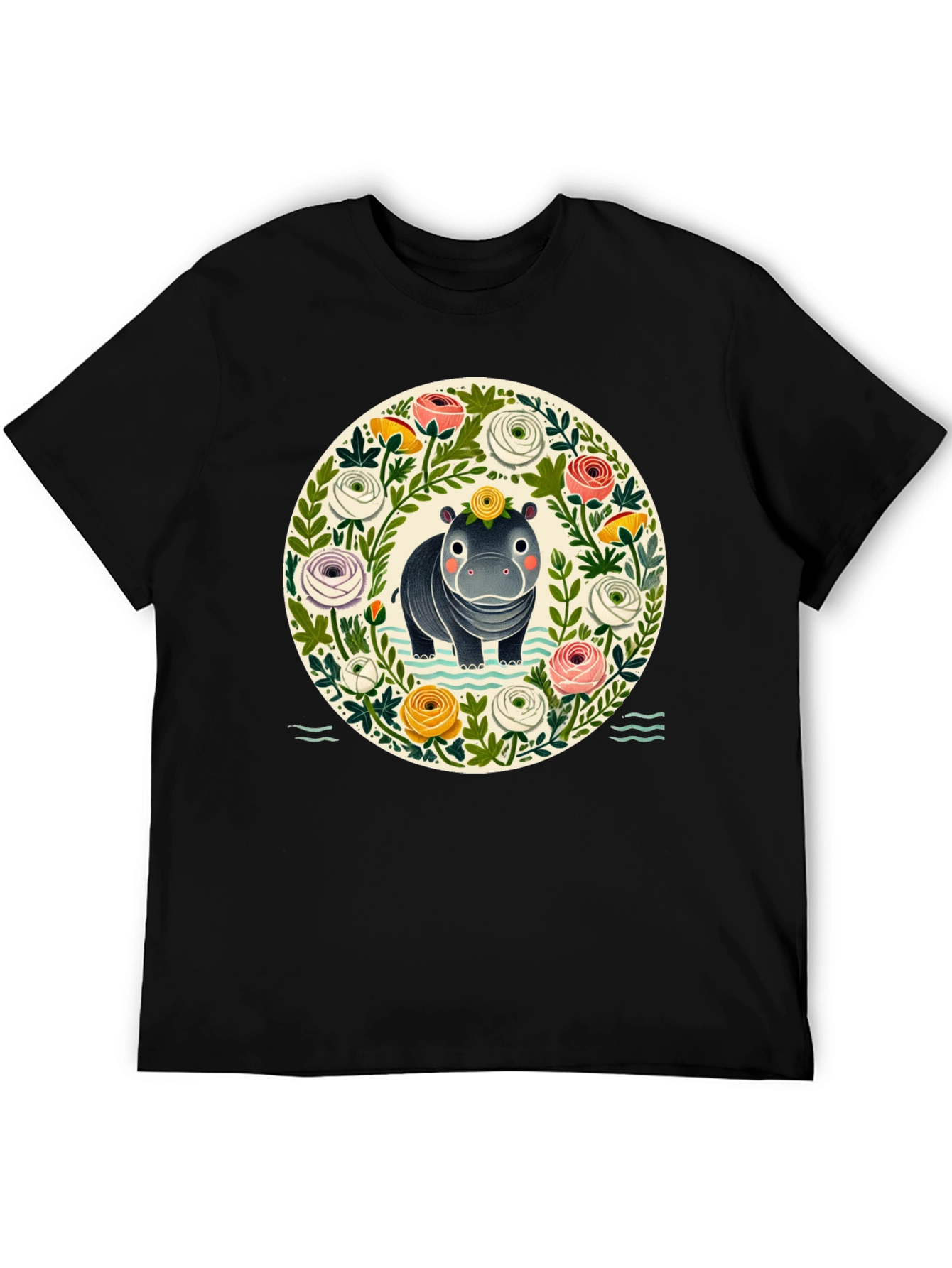 Floral Hippo Graphic Tee - Cute Animal Design