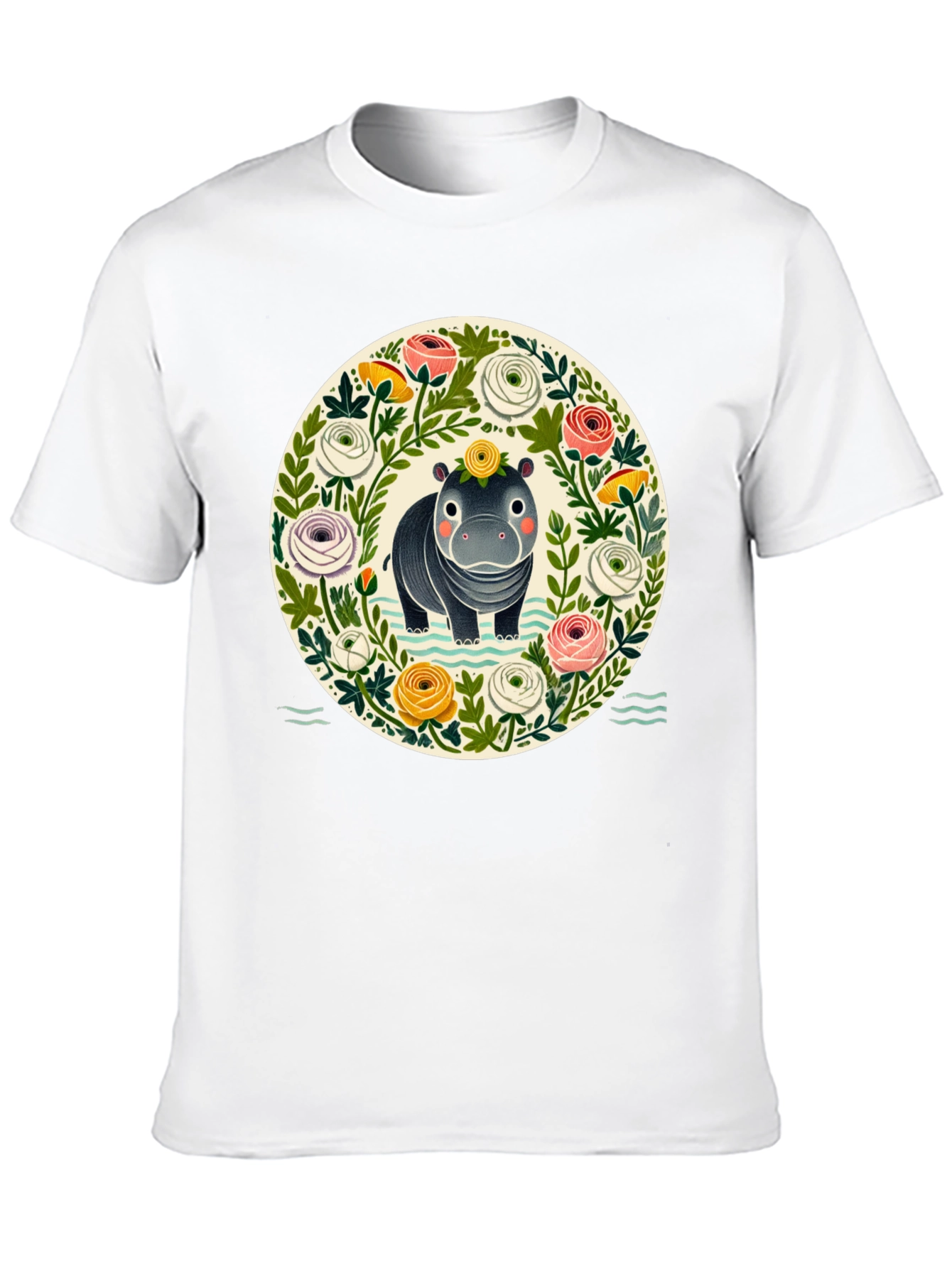 Floral Hippo Graphic Tee - Cute Animal Design