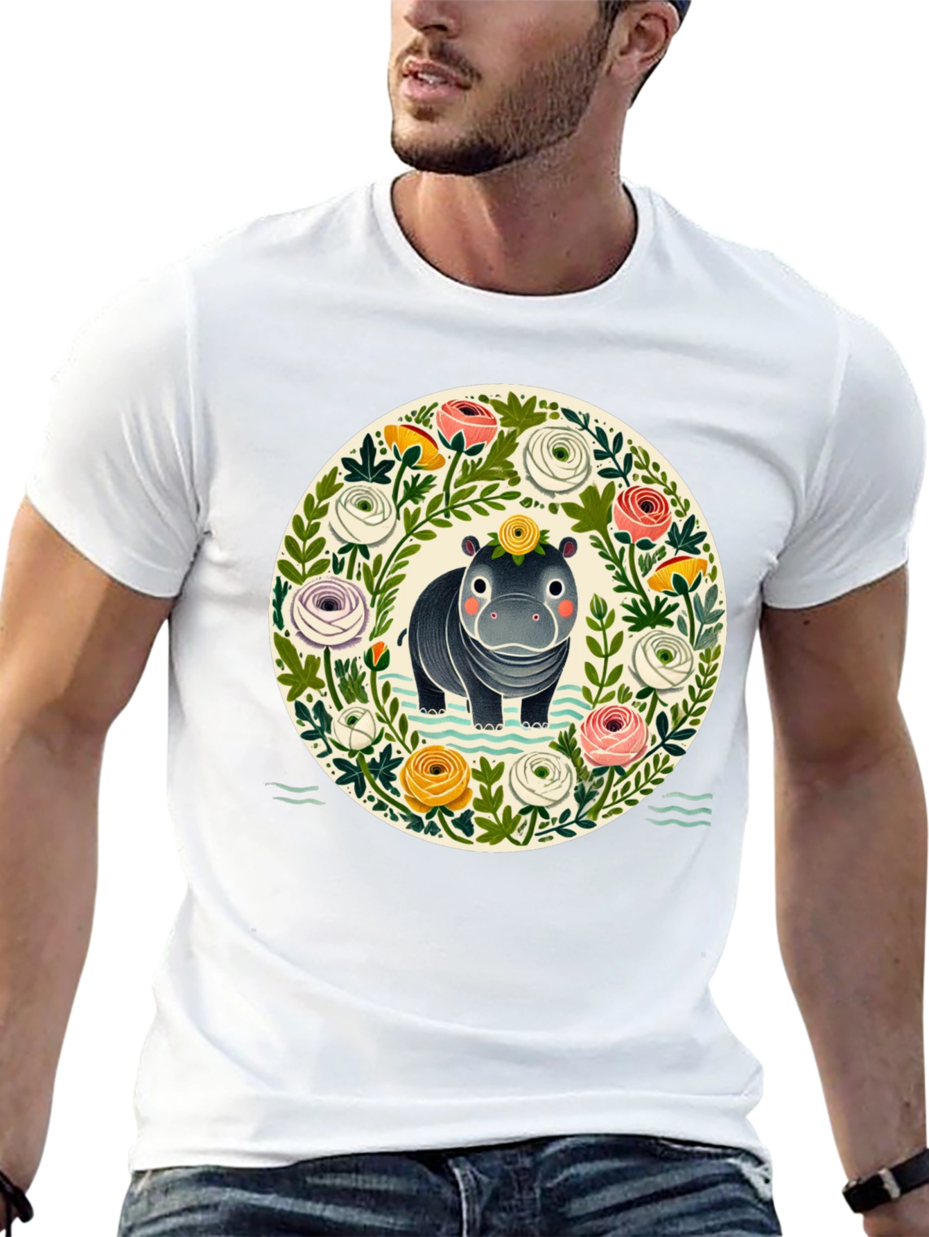 Floral Hippo Graphic Tee - Cute Animal Design