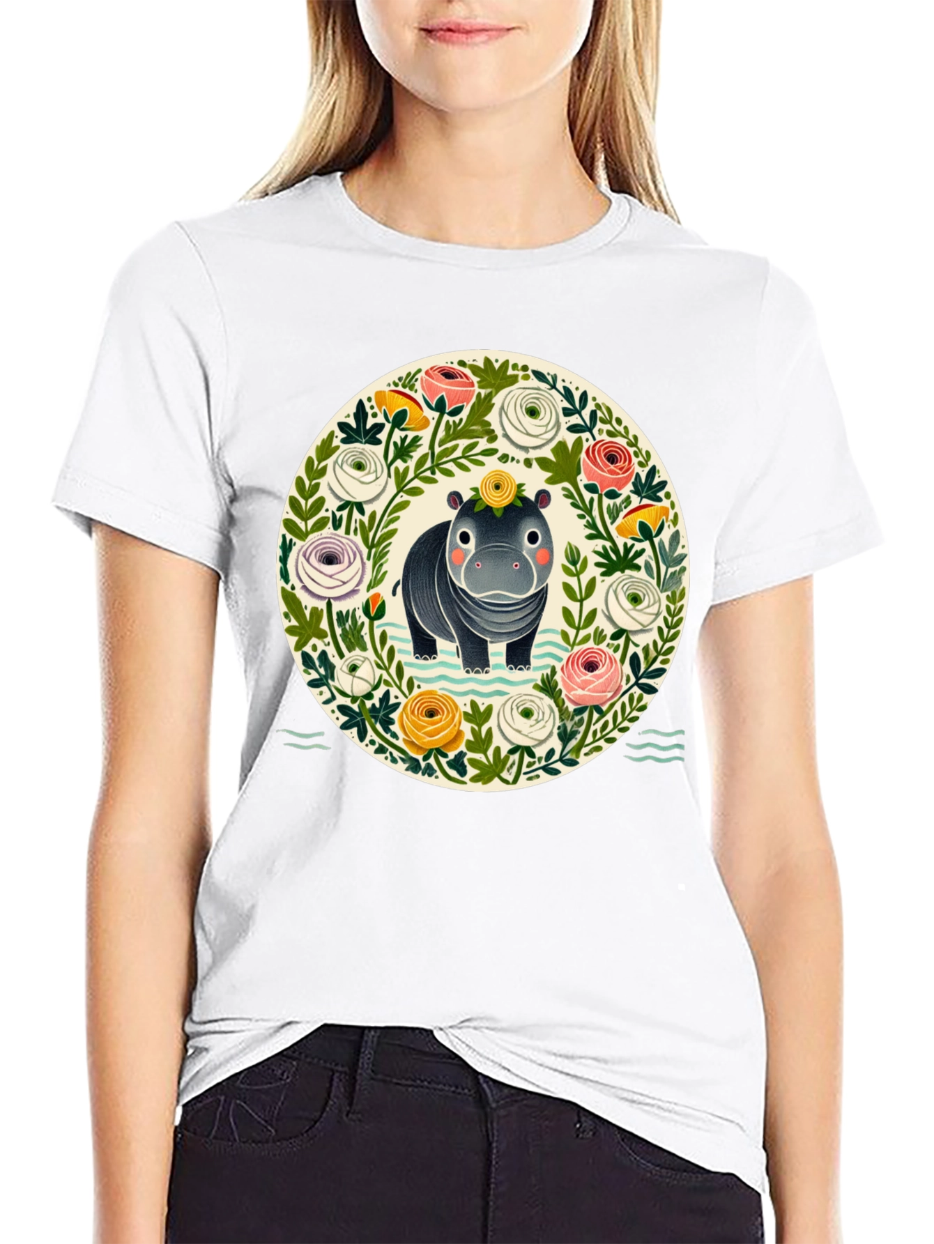 Floral Hippo Graphic Tee - Cute Animal Design