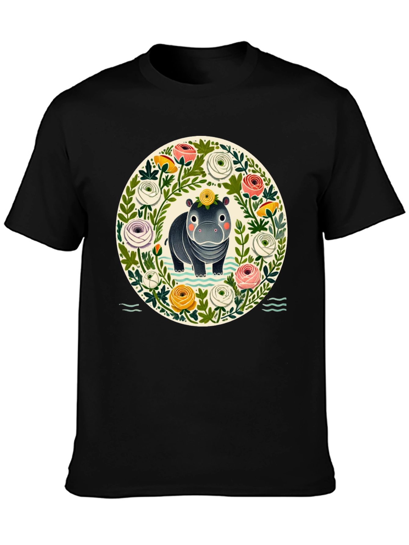 Floral Hippo Graphic Tee - Cute Animal Design