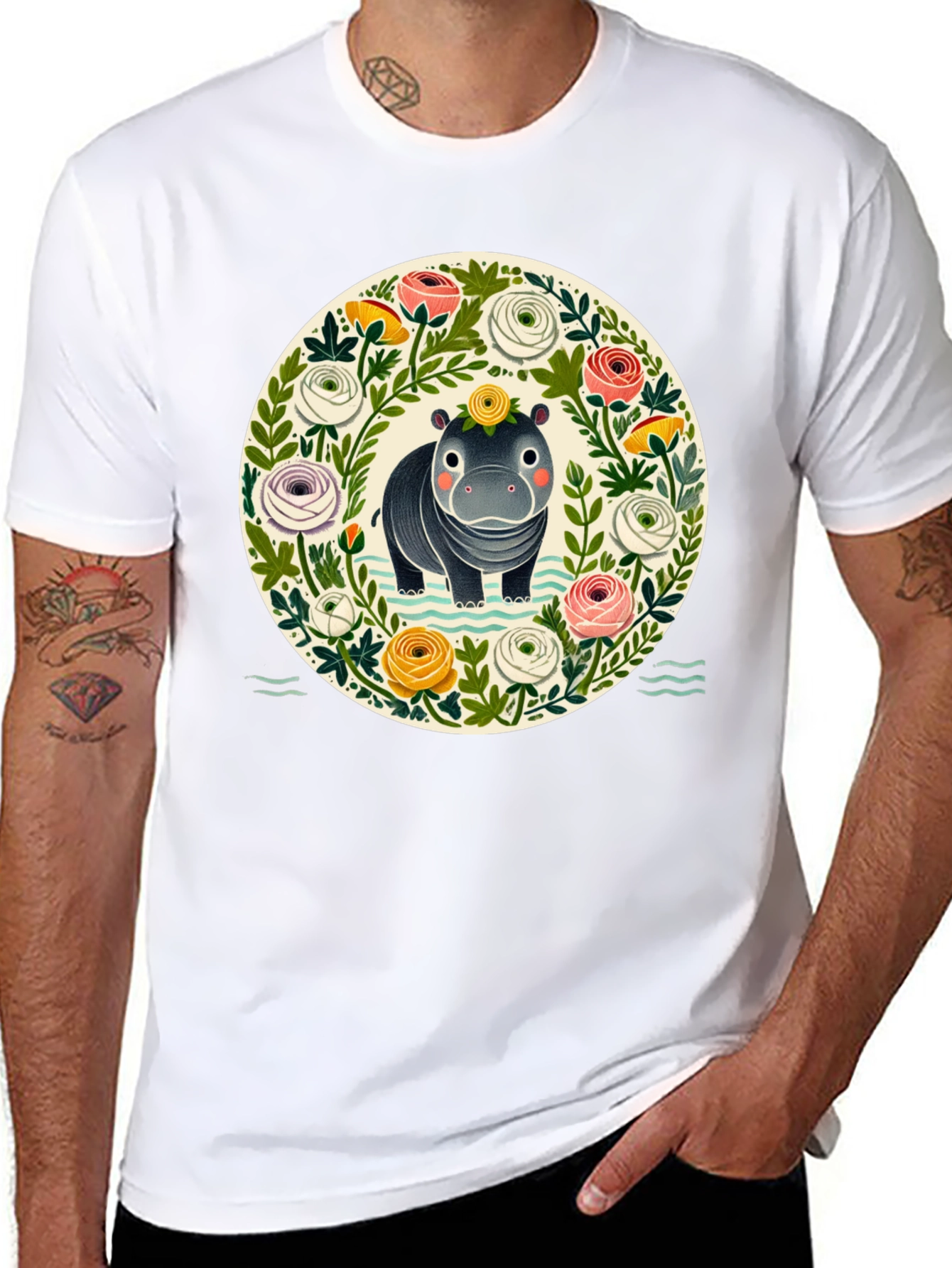Floral Hippo Graphic Tee - Cute Animal Design