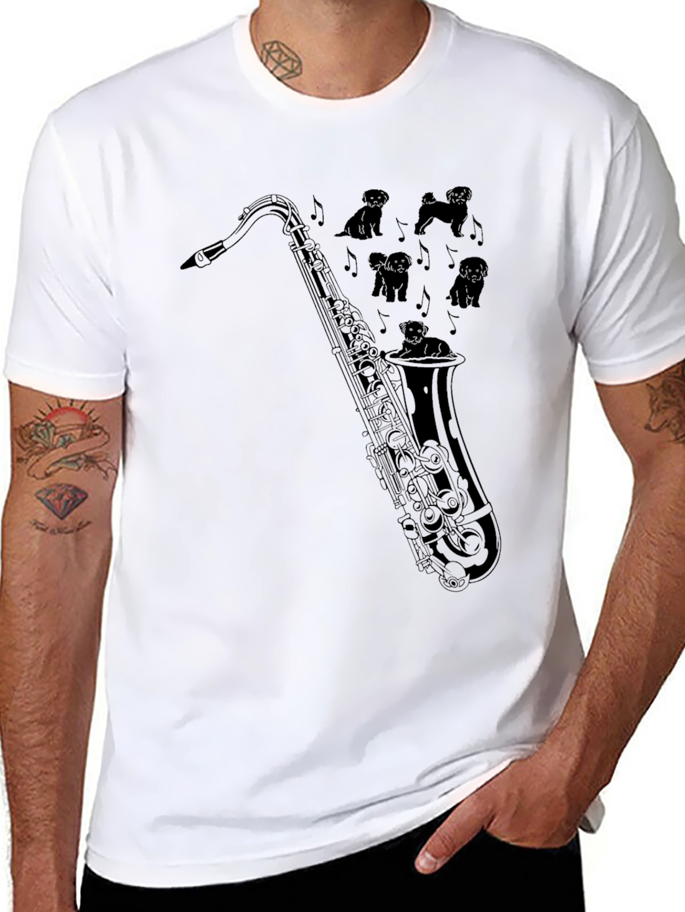 Saxophone Dogs Graphic Tee - Black Cotton T-Shirt
