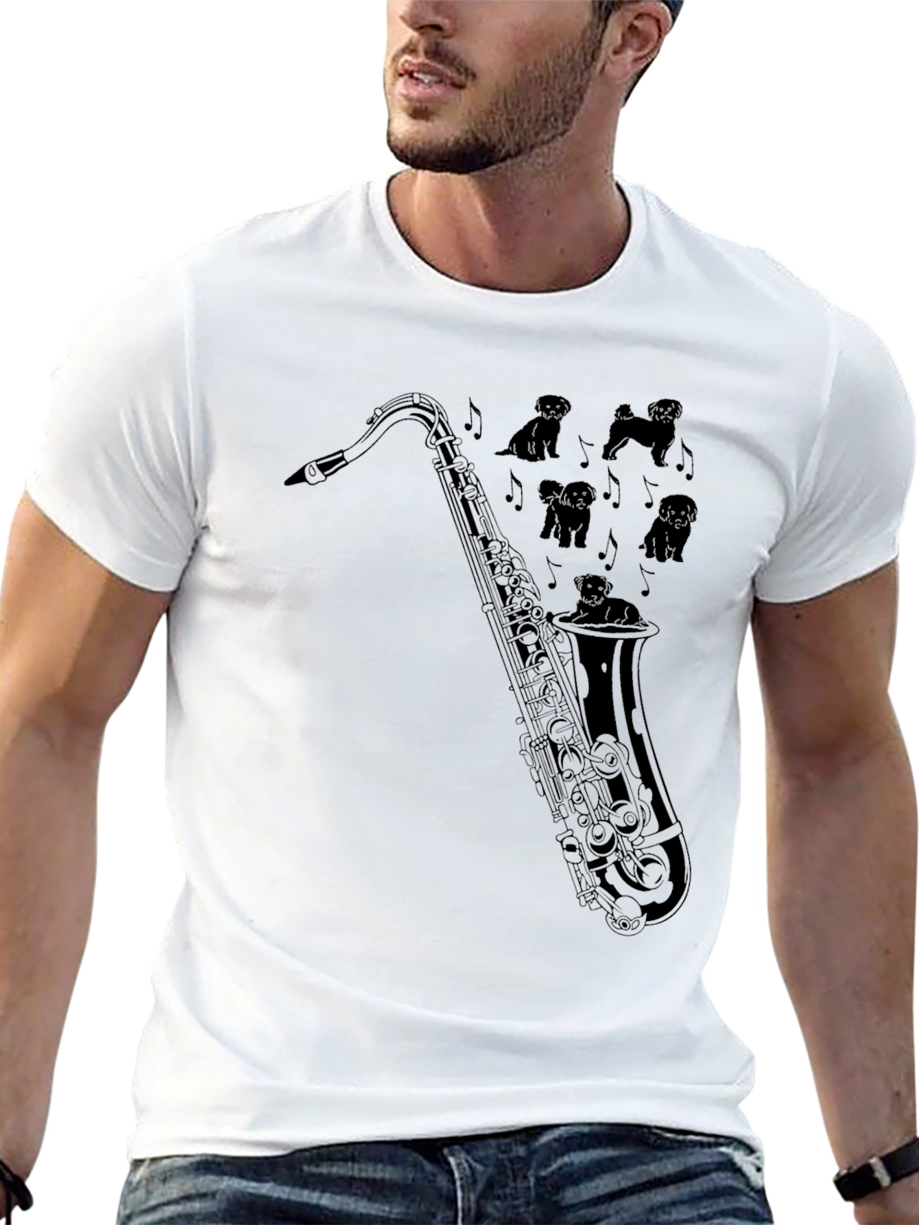 Saxophone Dogs Graphic Tee - Black Cotton T-Shirt