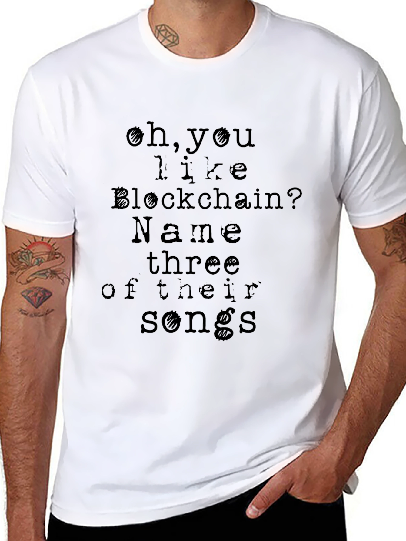 Blockchain Humor T-Shirt - Name Three Songs