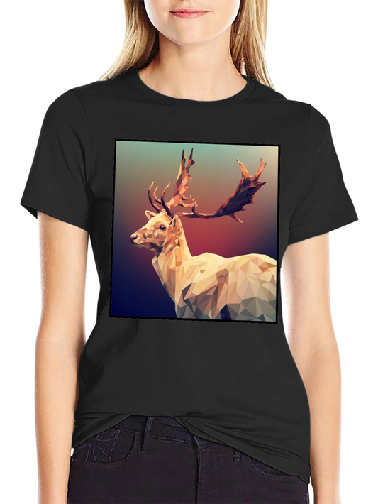 Geometric Deer Graphic Tee - Black Short Sleeve Shirt