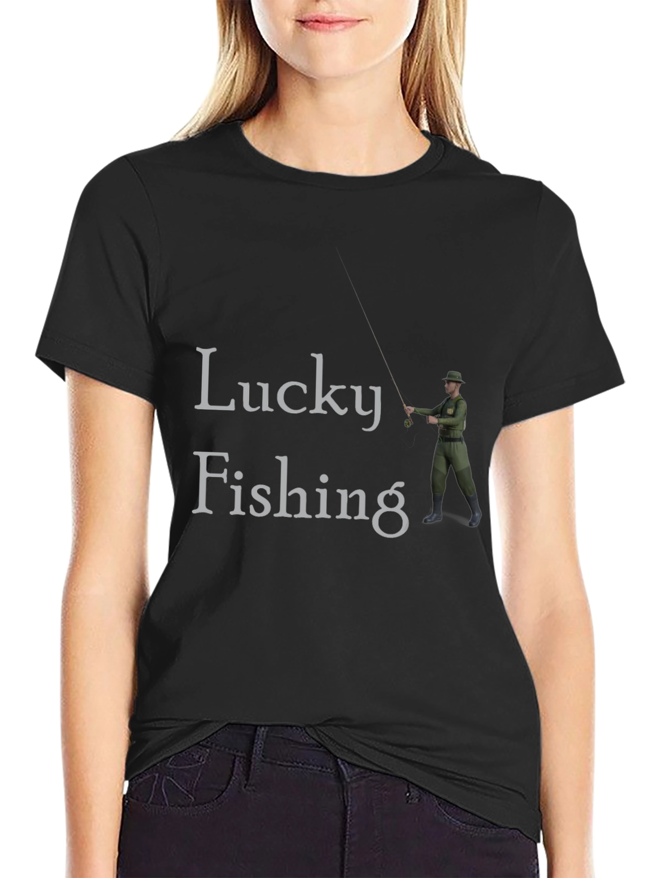 Lucky Fishing Graphic Tee - Black Cotton