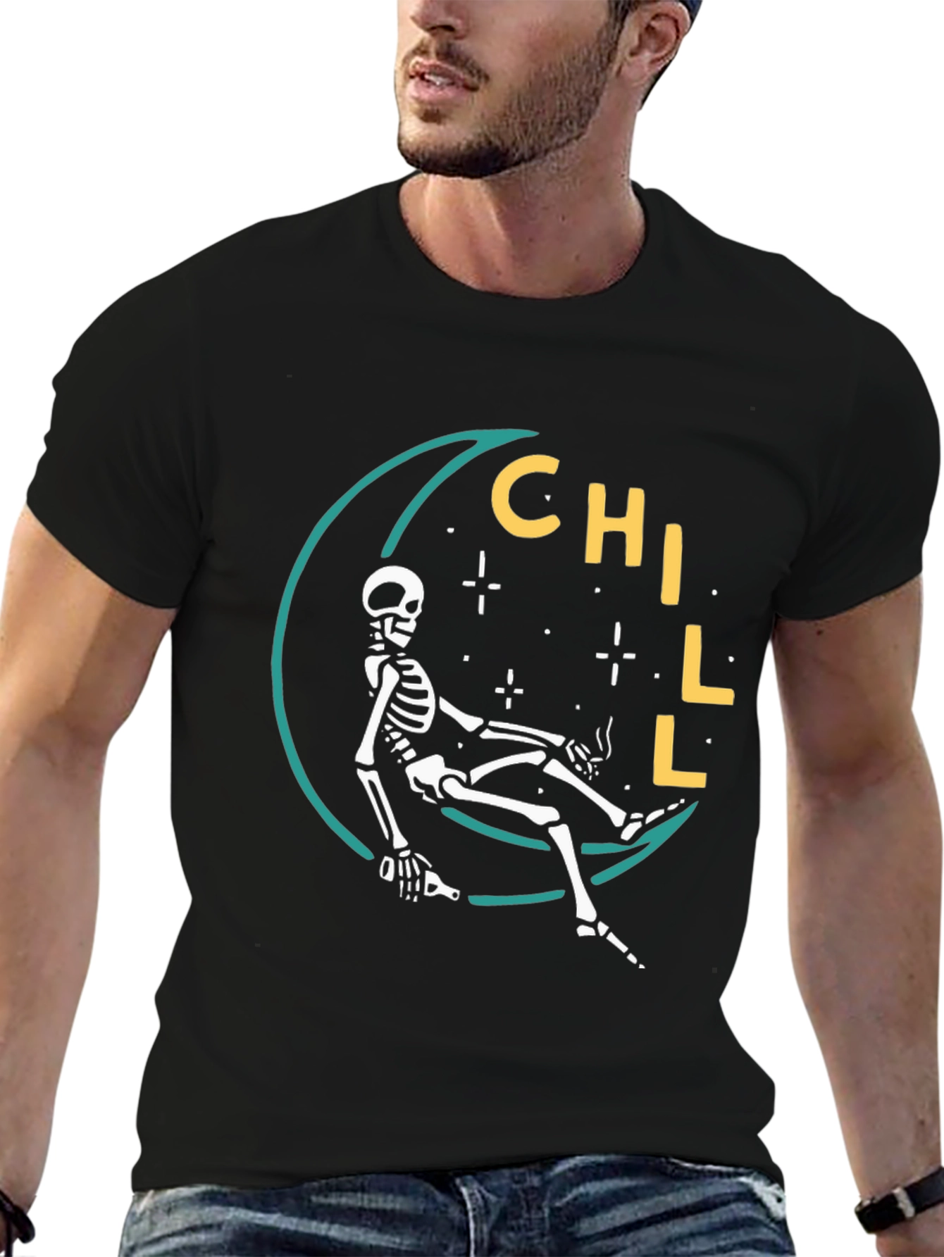 Chill Skeleton Moon Graphic Tee - Relaxed Fit