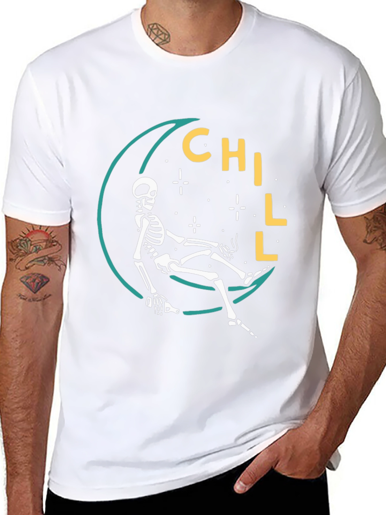 Chill Skeleton Moon Graphic Tee - Relaxed Fit