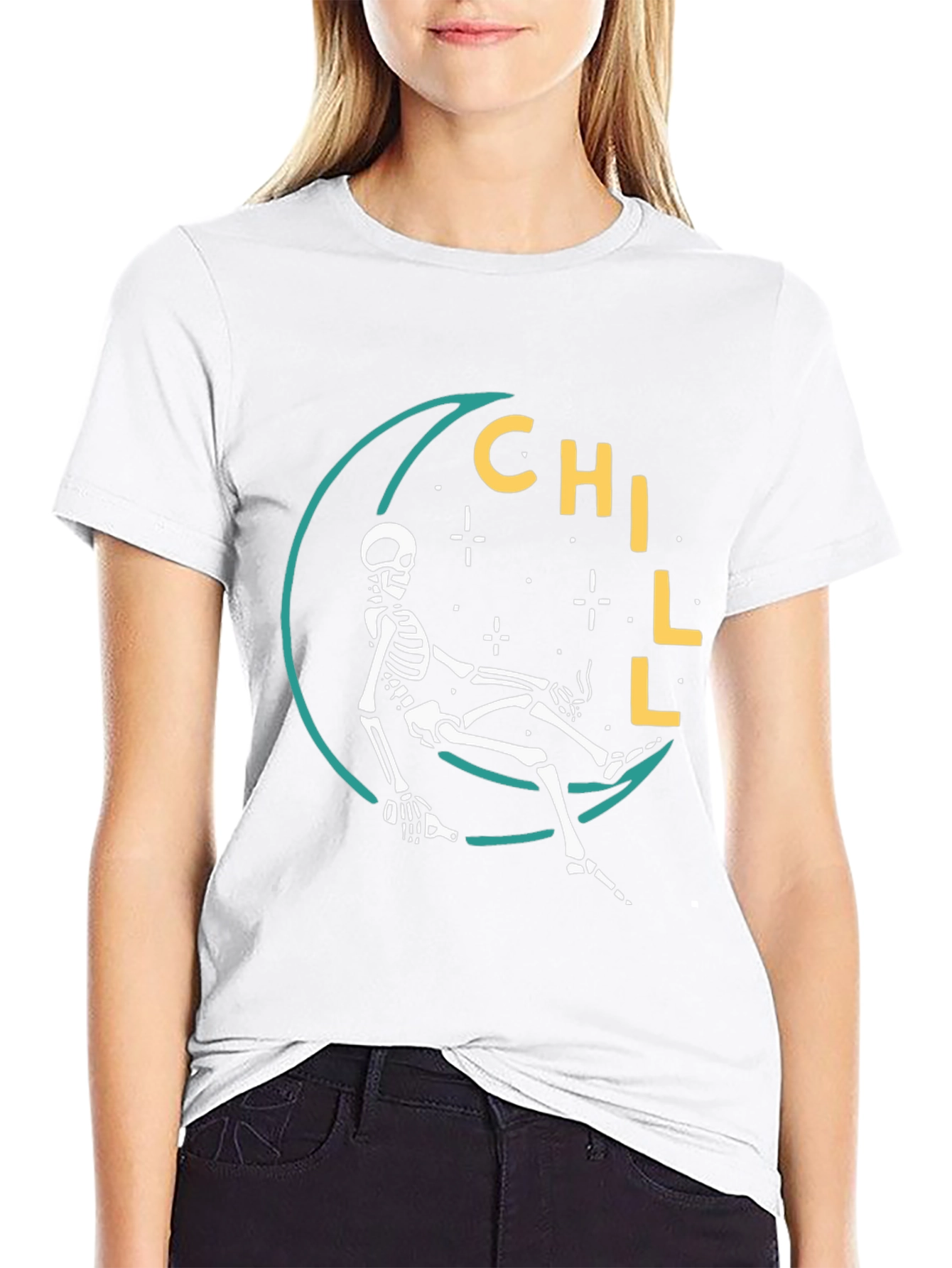 Chill Skeleton Moon Graphic Tee - Relaxed Fit
