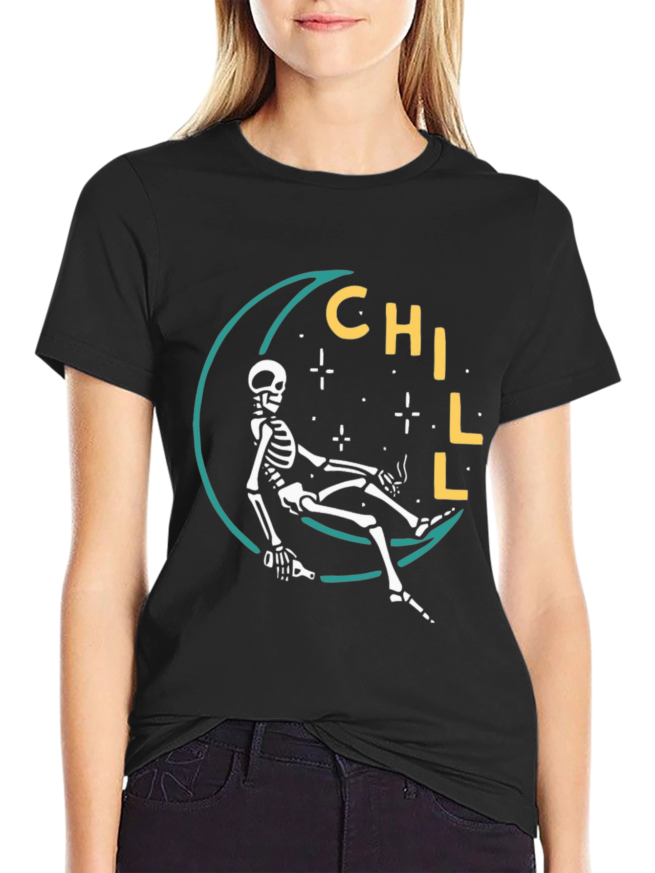 Chill Skeleton Moon Graphic Tee - Relaxed Fit