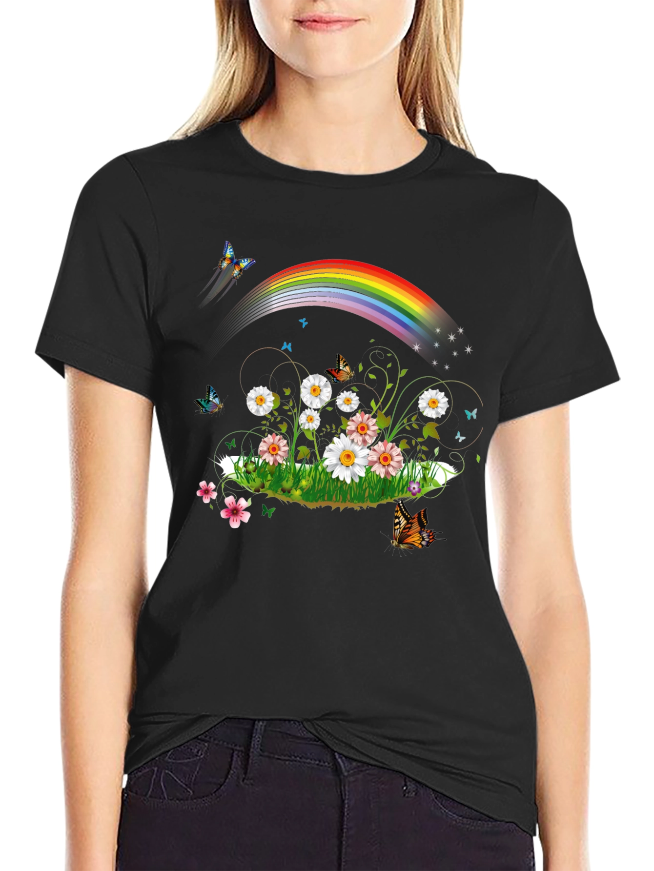 Rainbow Daisy Butterfly Graphic Tee