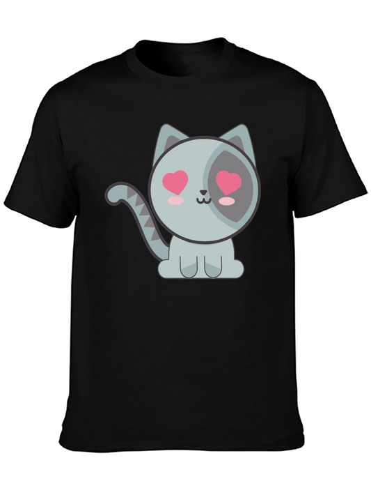 Cute Cat Tee with Heart Eyes - Black Cotton T-Shirt